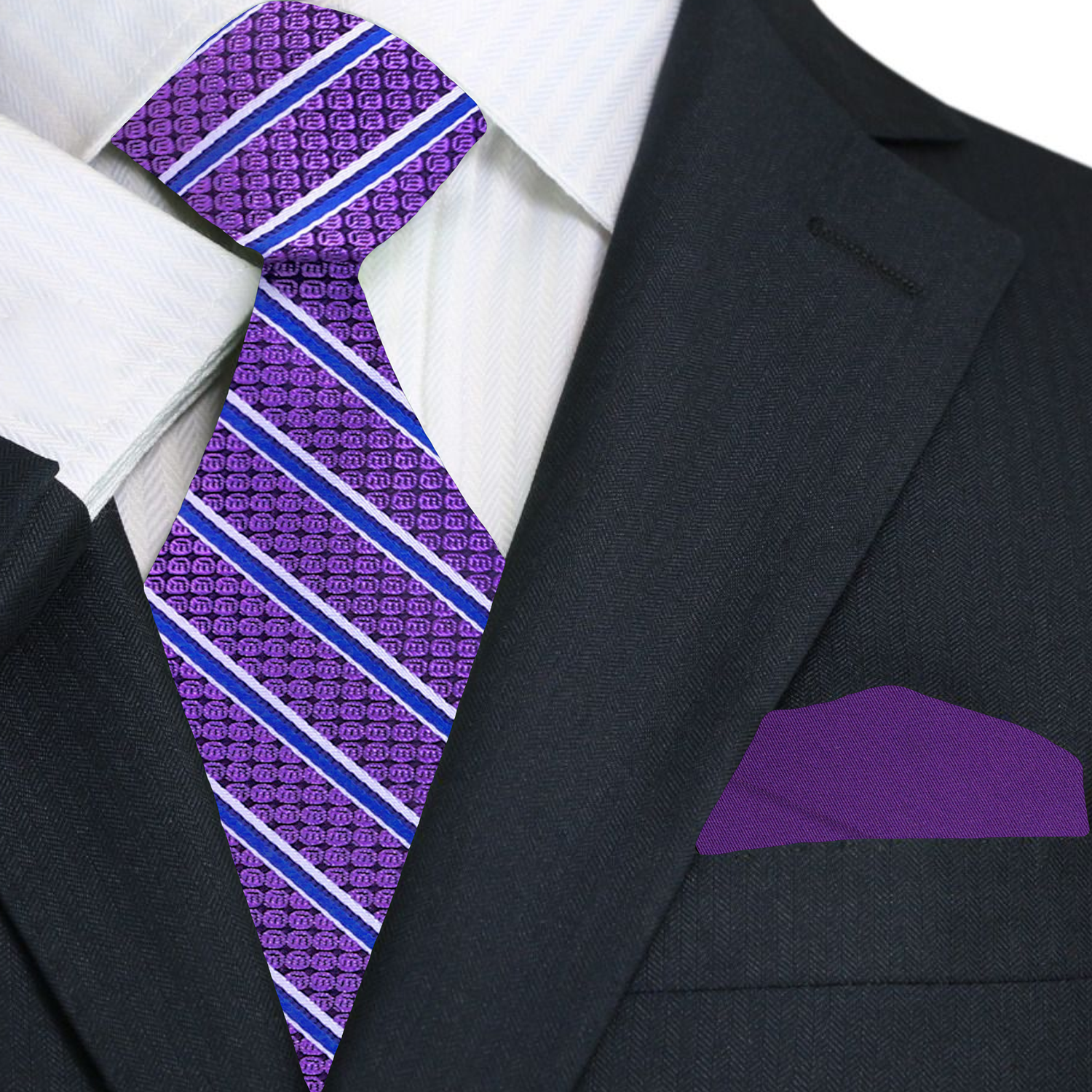 Black suit with a purple and blue striped tie and purple pocket square.