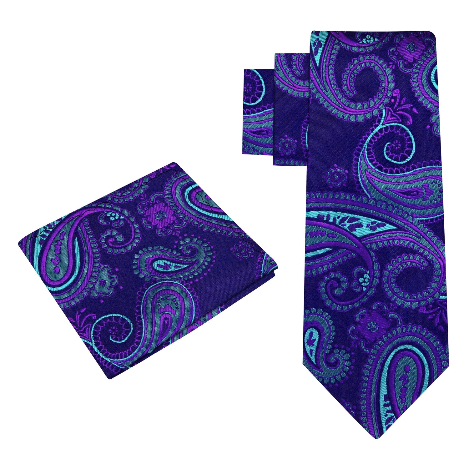Alt View: A Purple, Teal Paisley Pattern Silk Necktie, With Matching Pocket Square