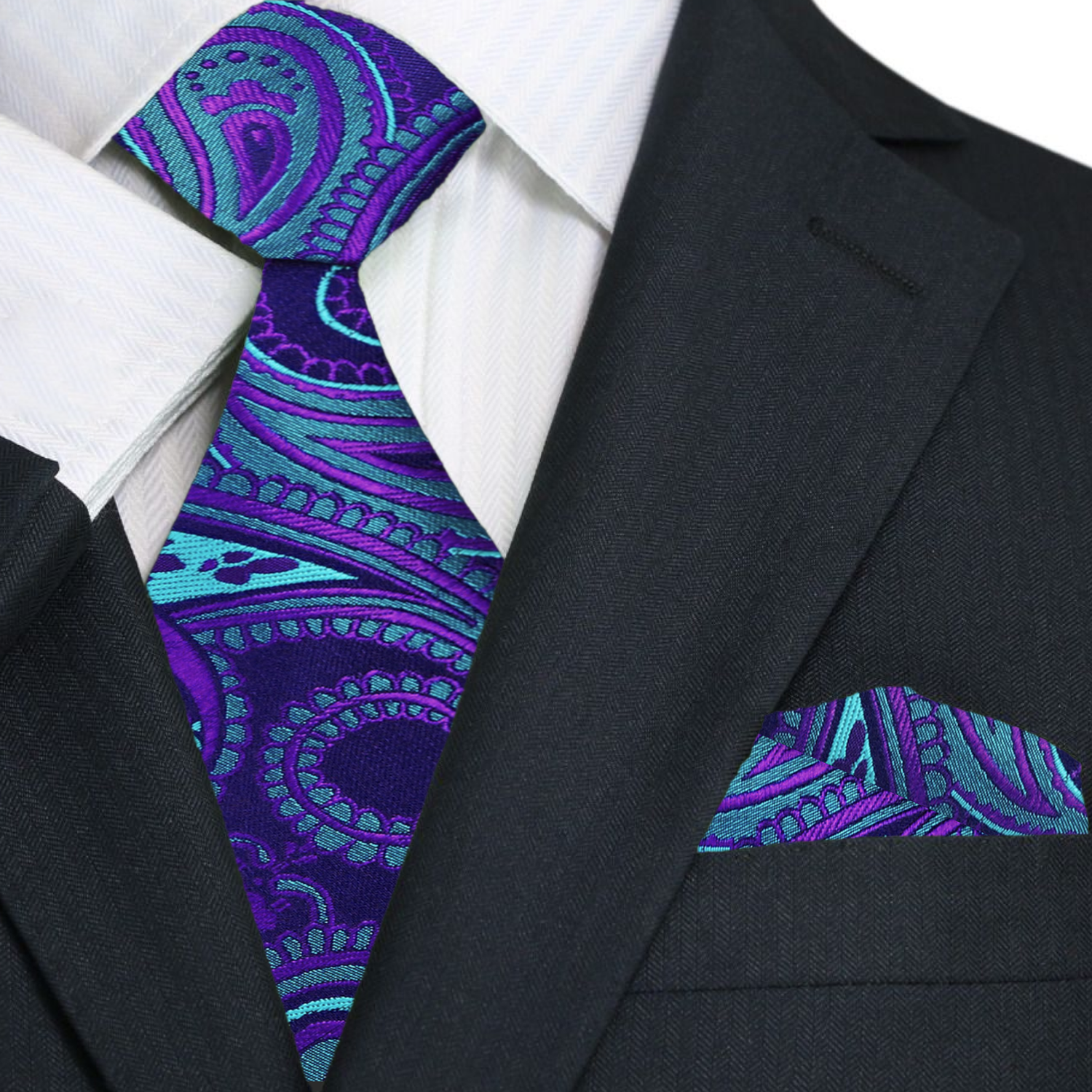 A Purple, Teal Paisley Pattern Silk Necktie, With Matching Pocket Square