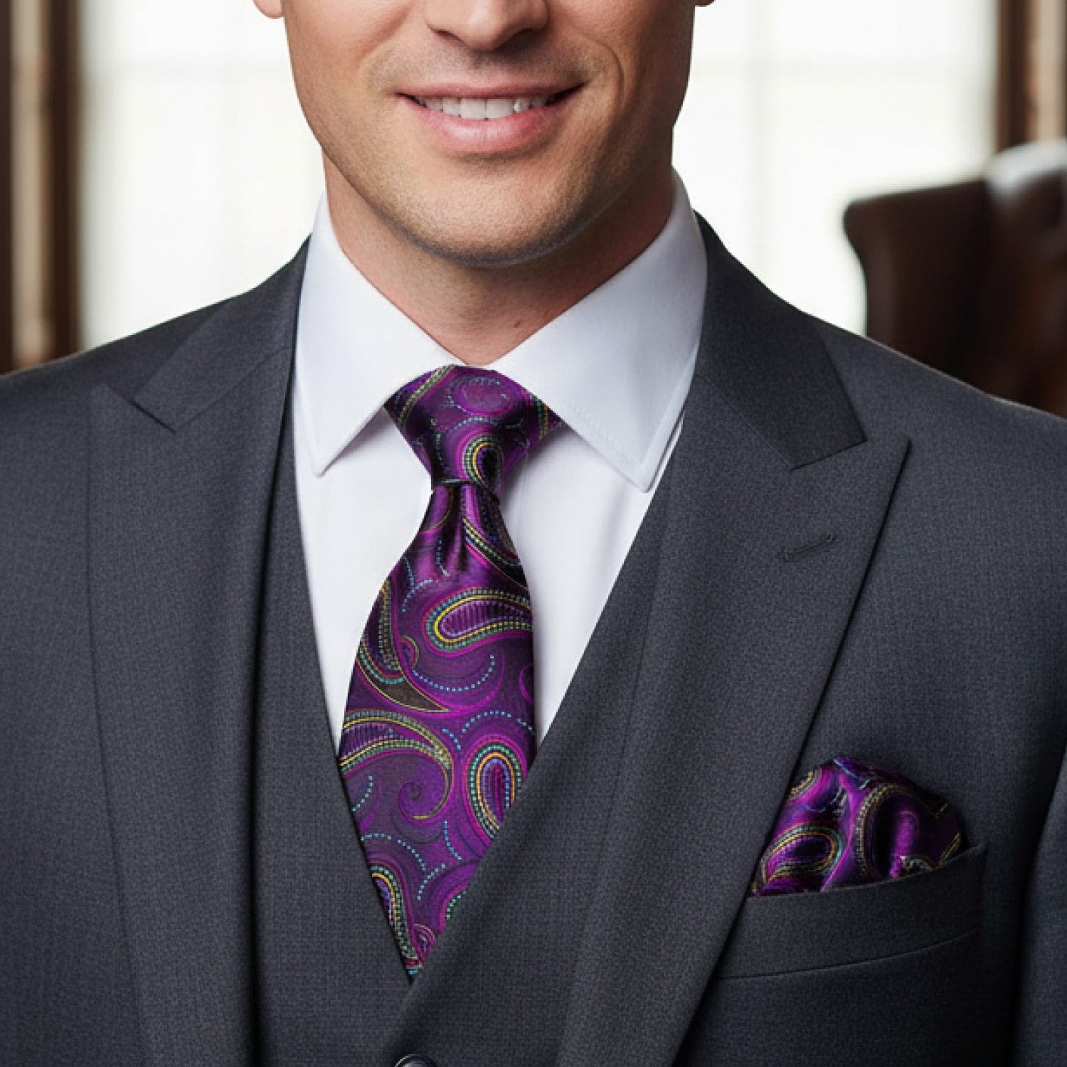Man wearing a gray suit with a purple paisley tie and pocket square.