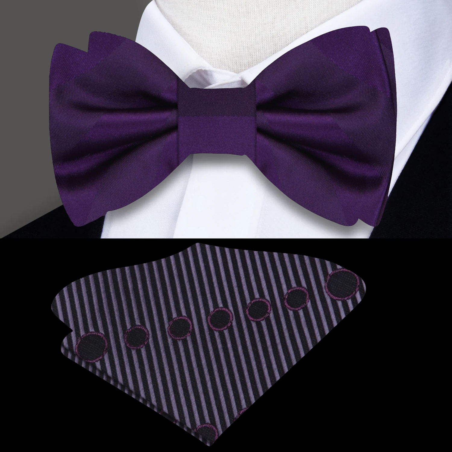 Deep Purple Stripe Bow Tie With Grey, Black and Purple Pocket Square