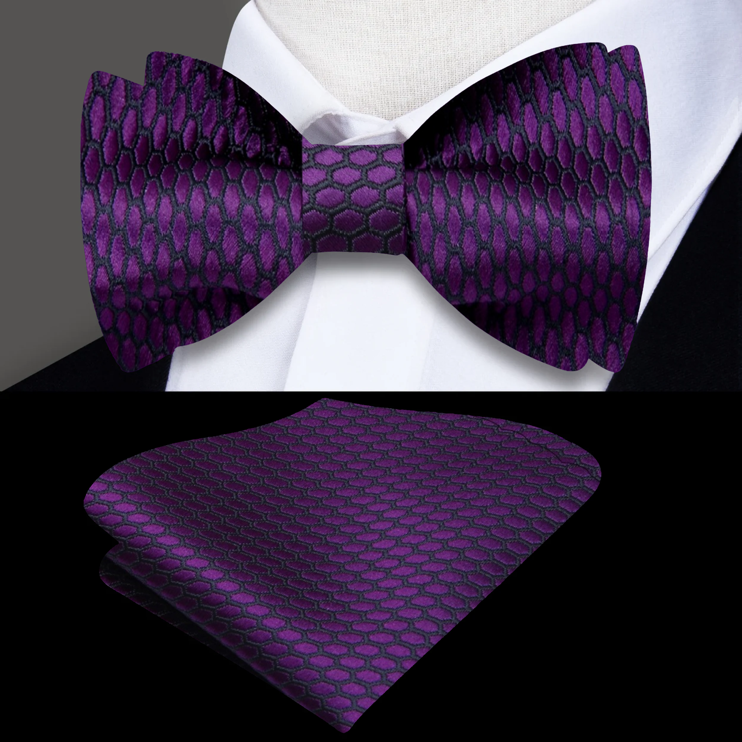 Main View: Purple, Black Geometric Bow Tie and Pocket Square