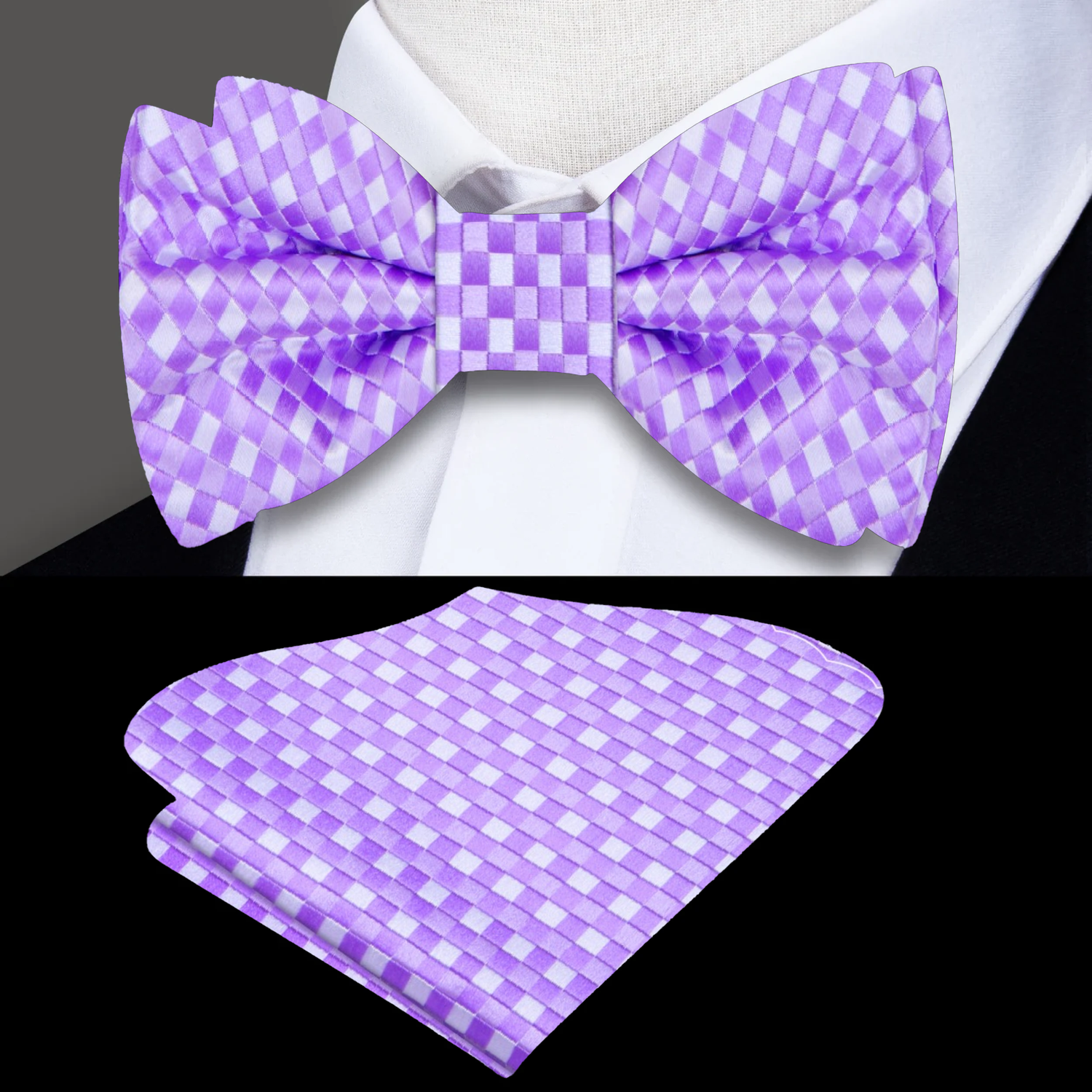 Purple, White Check Bow Tie and Square