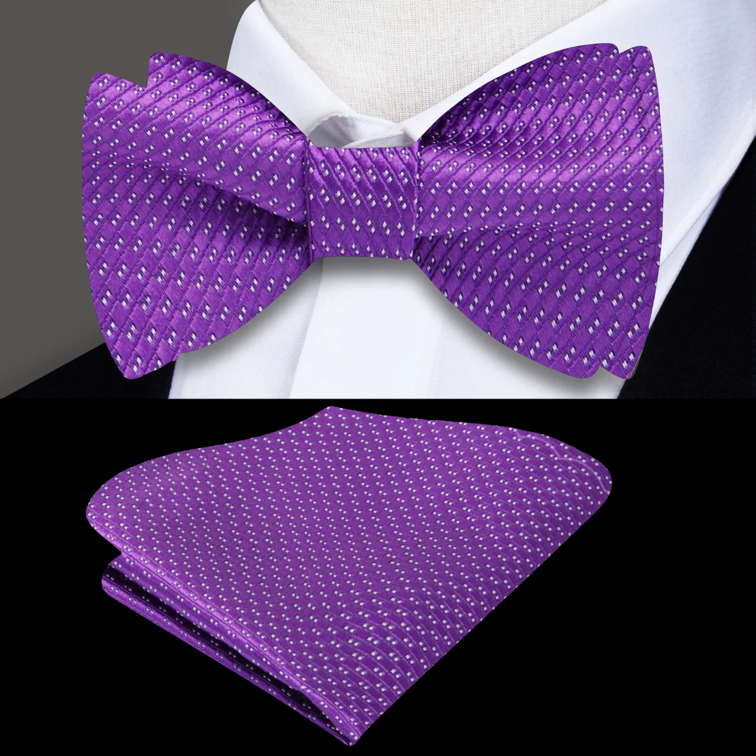 Purple, White Polka Bow tie and Pocket Square