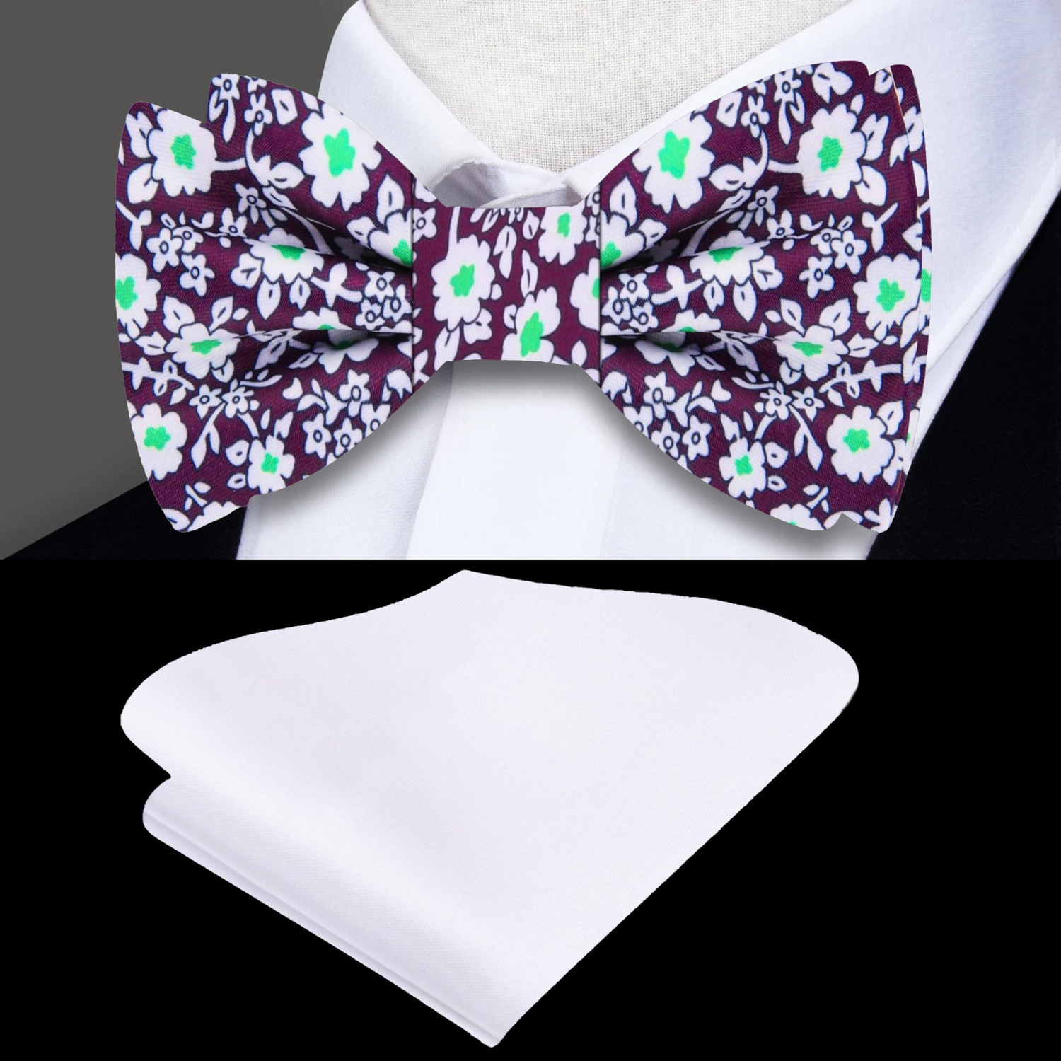 Deep Purple, White, Bright Green Small Flowers Bow Tie and White Square