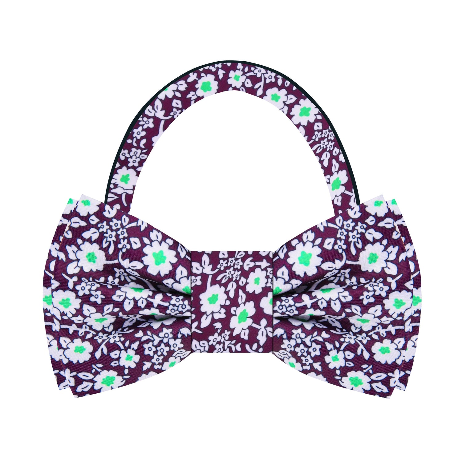Deep Purple, White, Bright Green Small Flowers Bow Tie Pre Tied