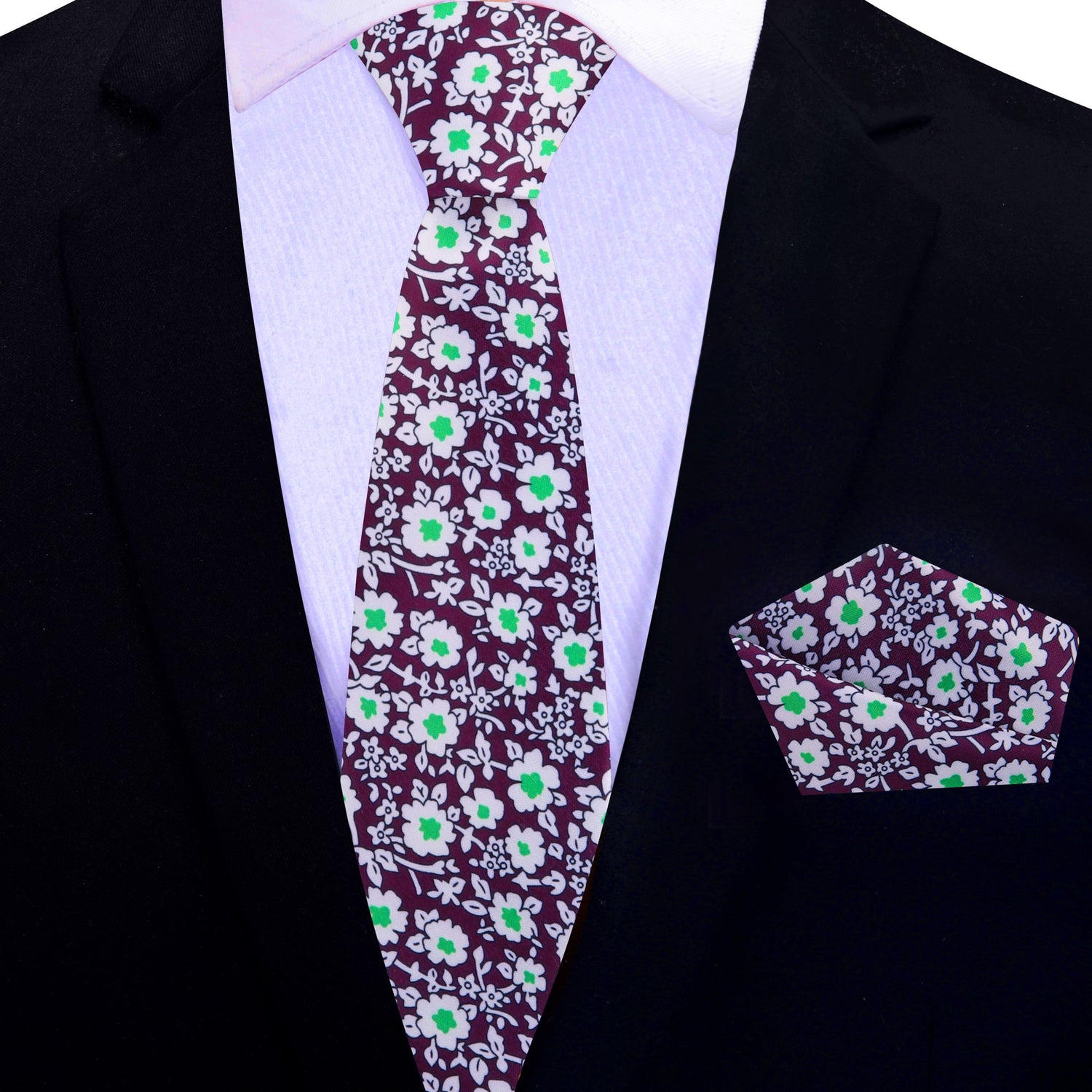 Thin Tie: Purple White Green Small Flowers Tie and Square