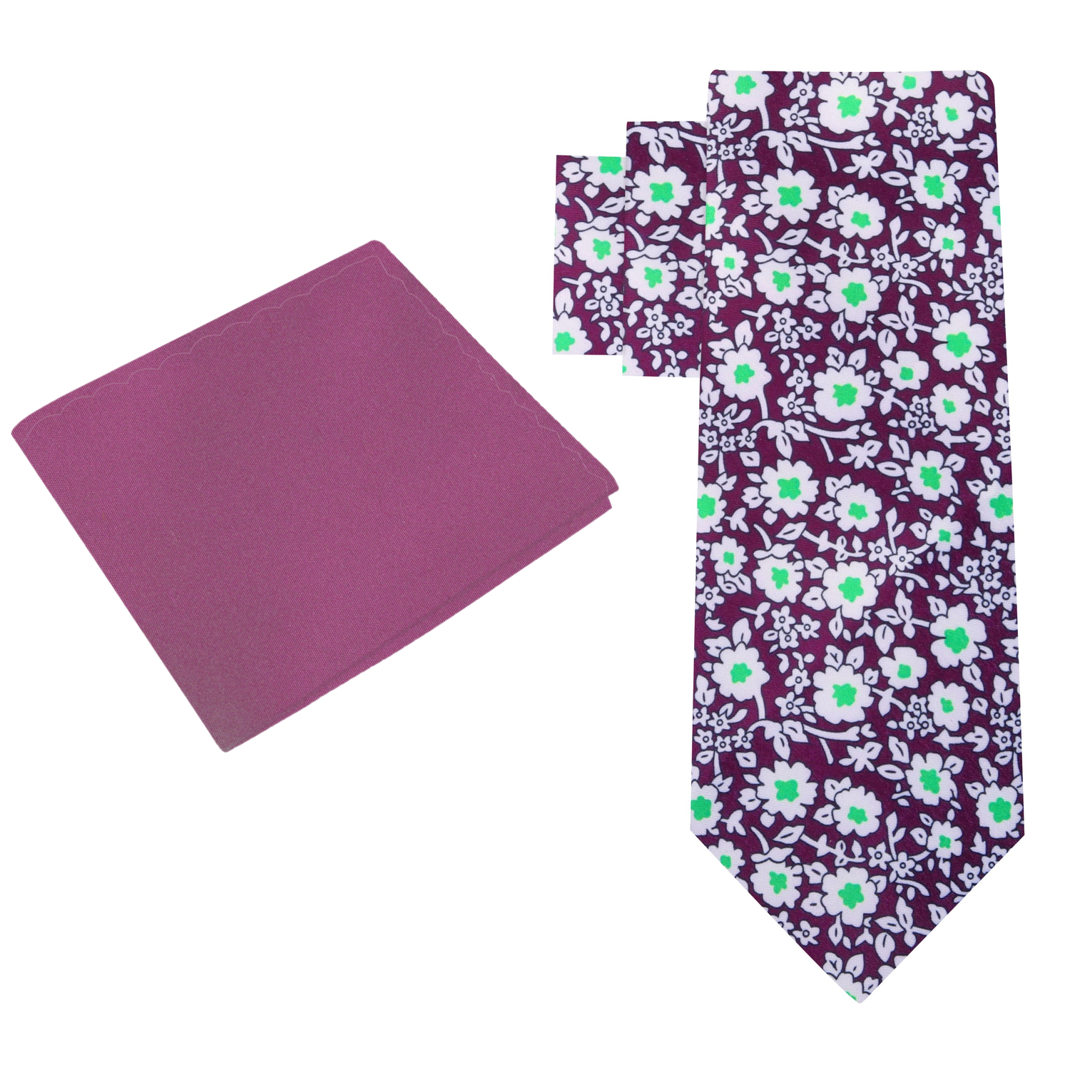 Alt View: Purple White Green Small Flowers Tie and Rich Purple Square 
