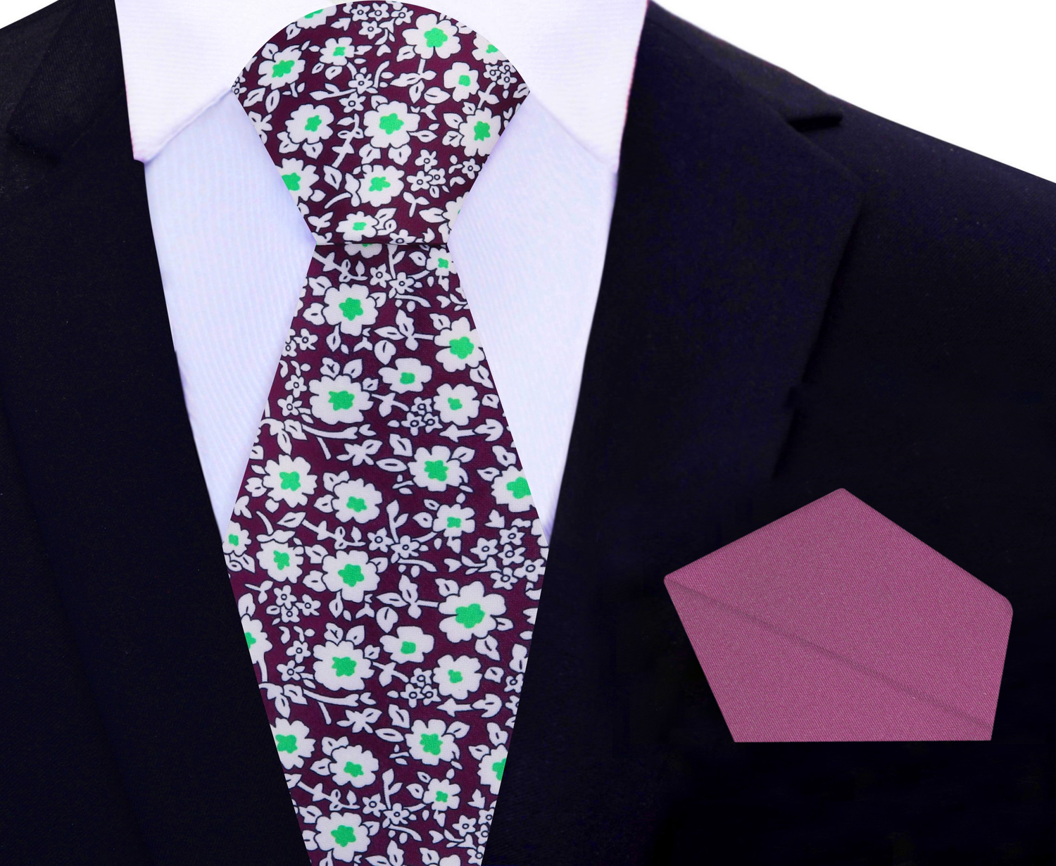Purple White Green Small Flowers Tie and Rich Purple Square 