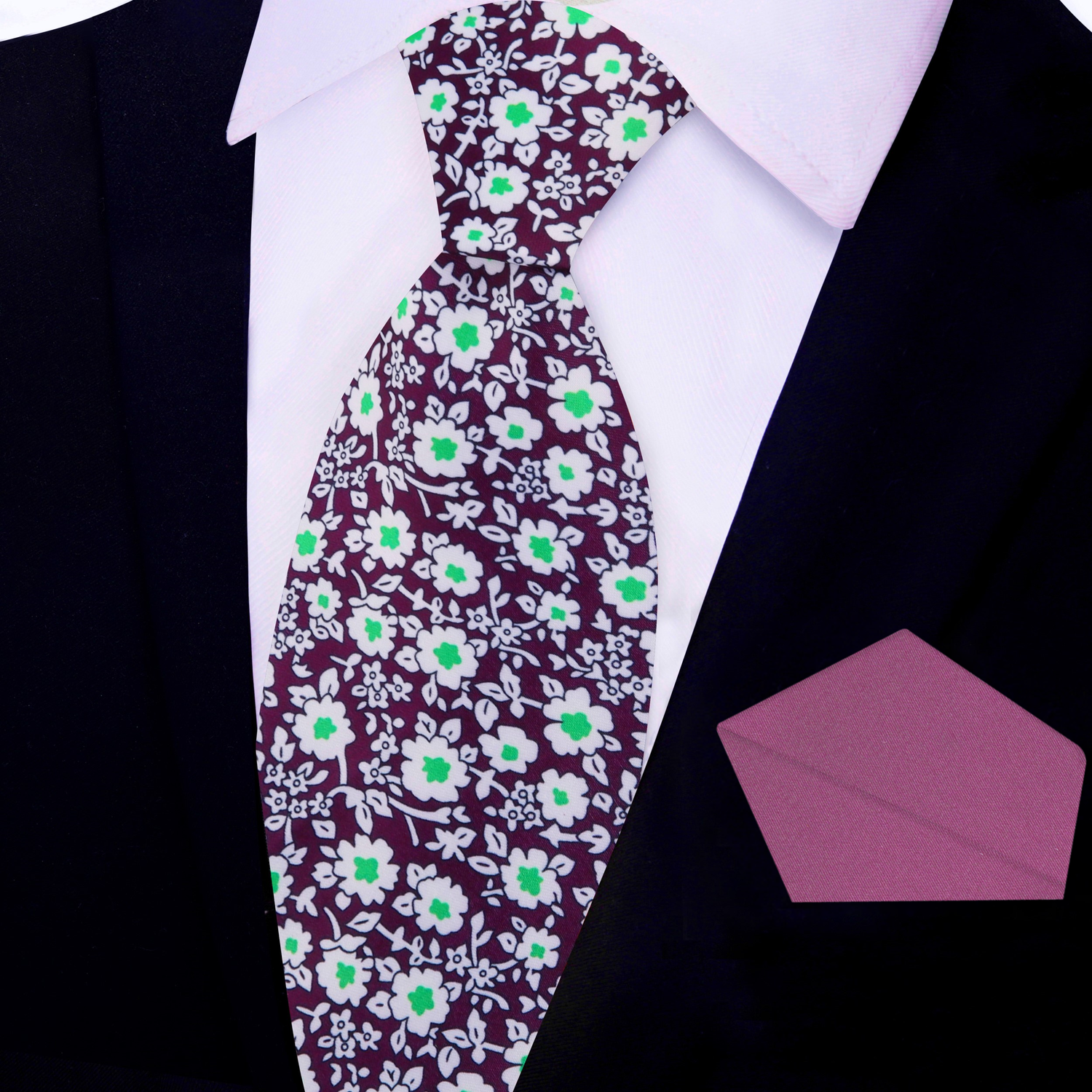 View 2: Purple White Green Small Flowers Tie and Rich Purple Square 