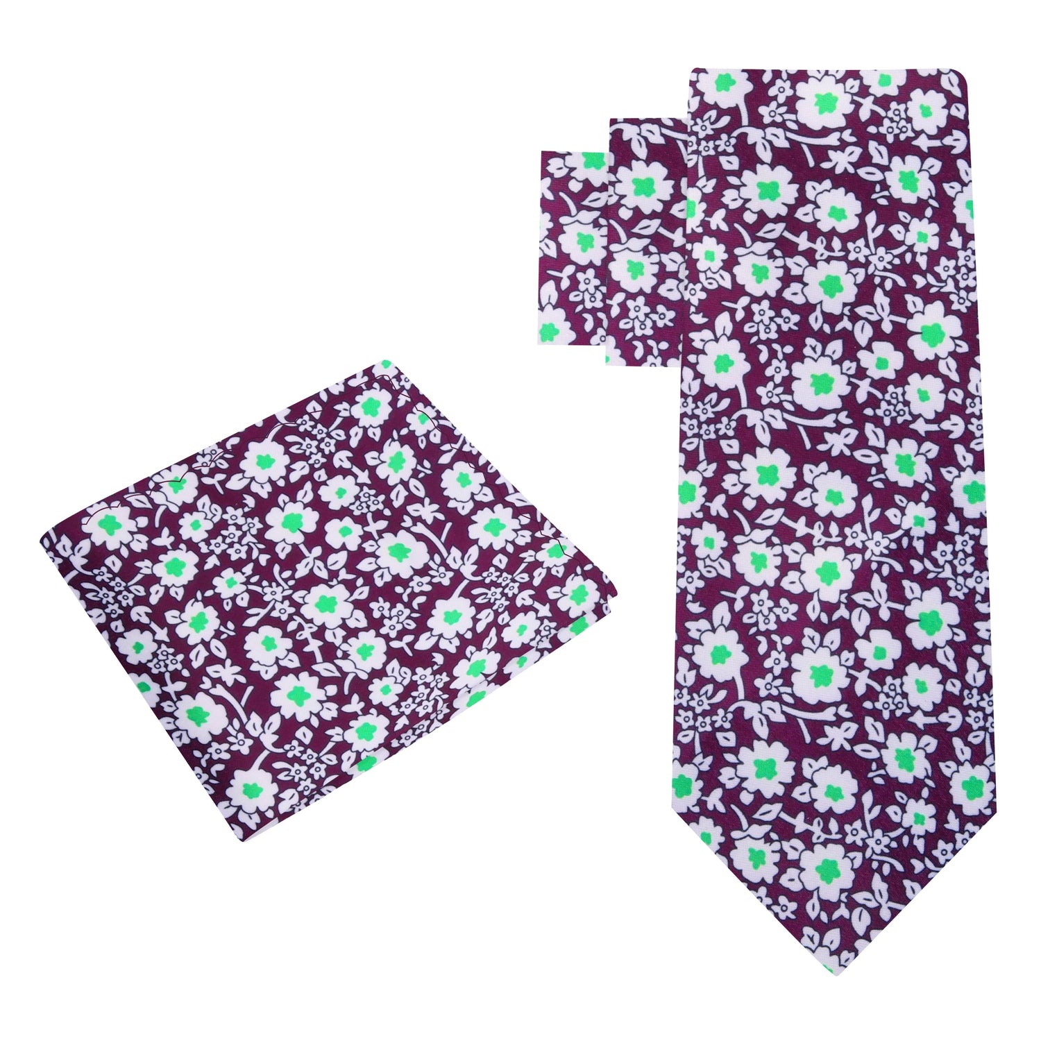Alt View: Purple White Green Small Flowers Tie and Square