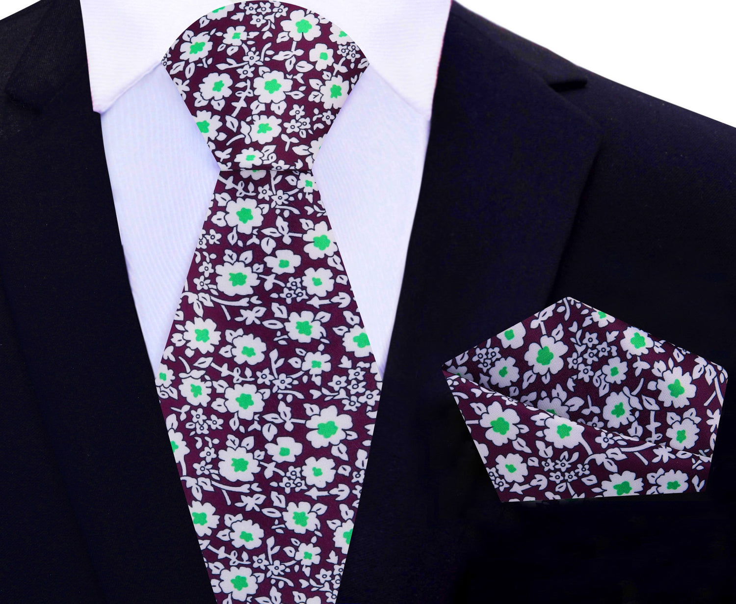 Purple White Green Small Flowers Tie and Square