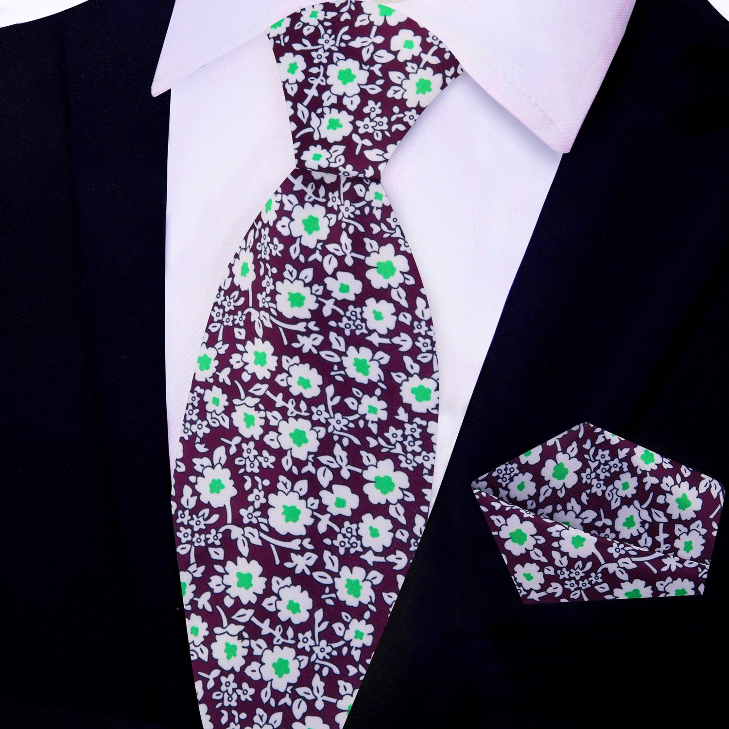 View 2: Purple White Green Small Flowers Tie and Square