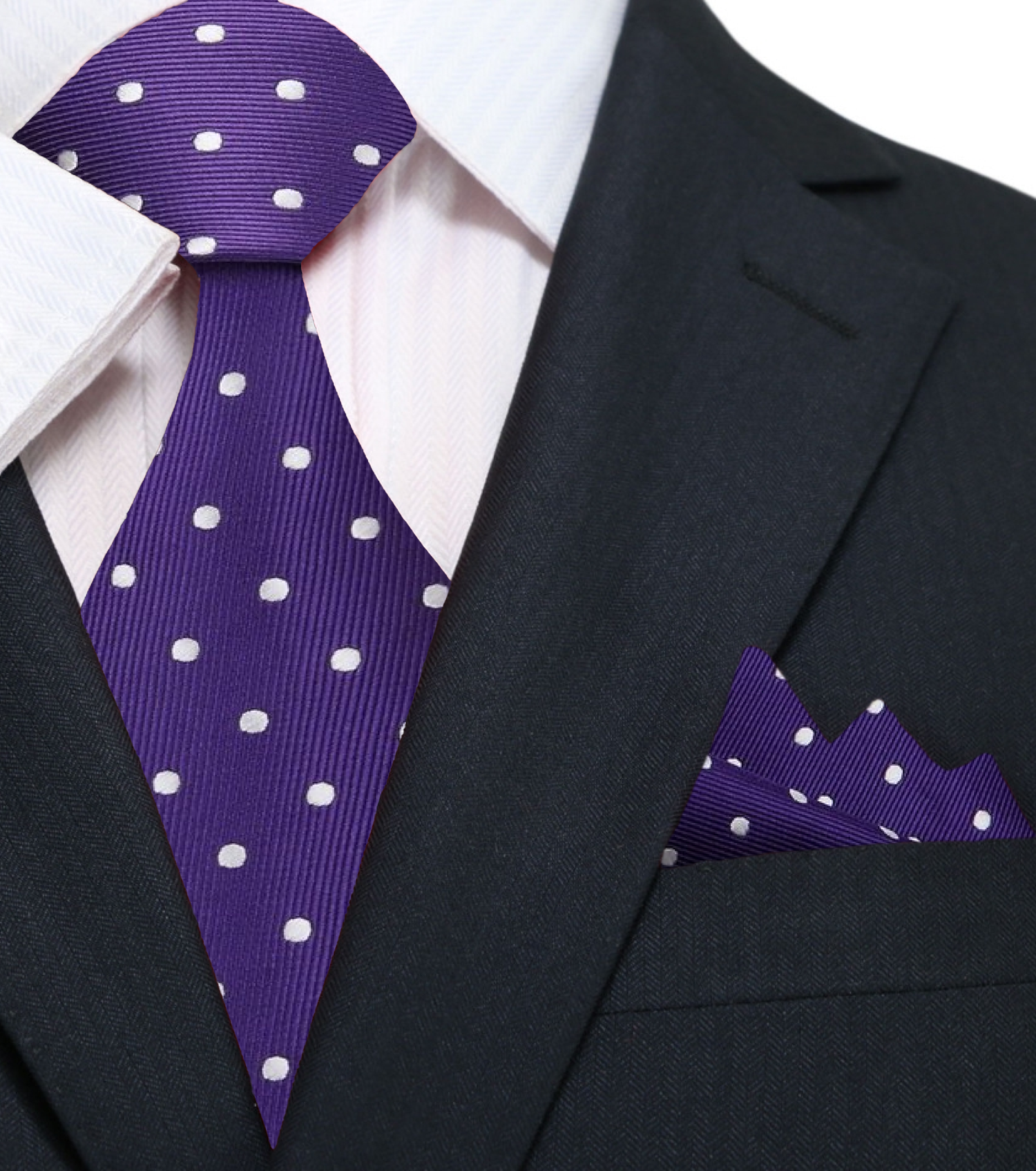 A Purple, White Small Polka Dots Pattern Silk Necktie, Matching Pocket Square