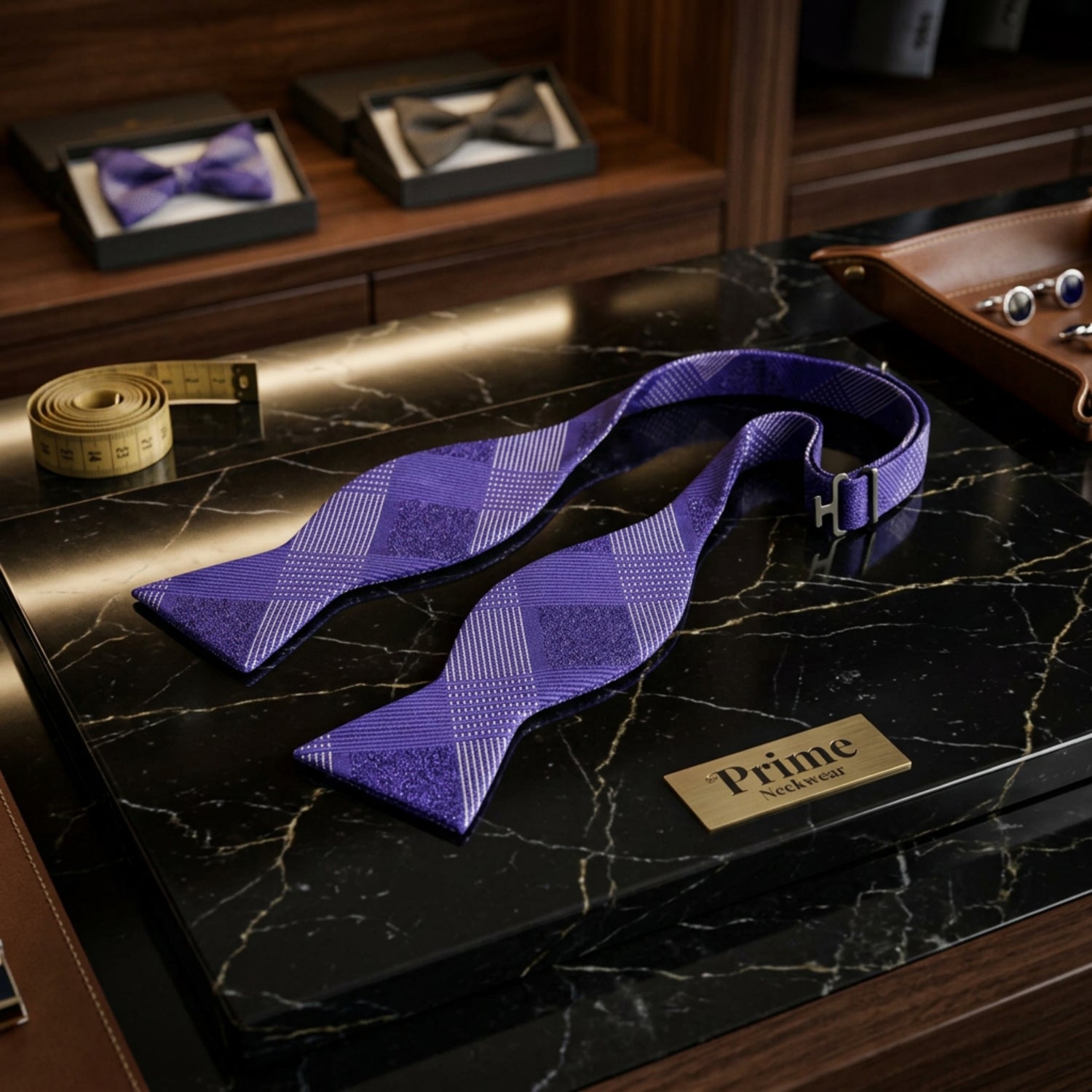 Purple plaid self tie bow tie