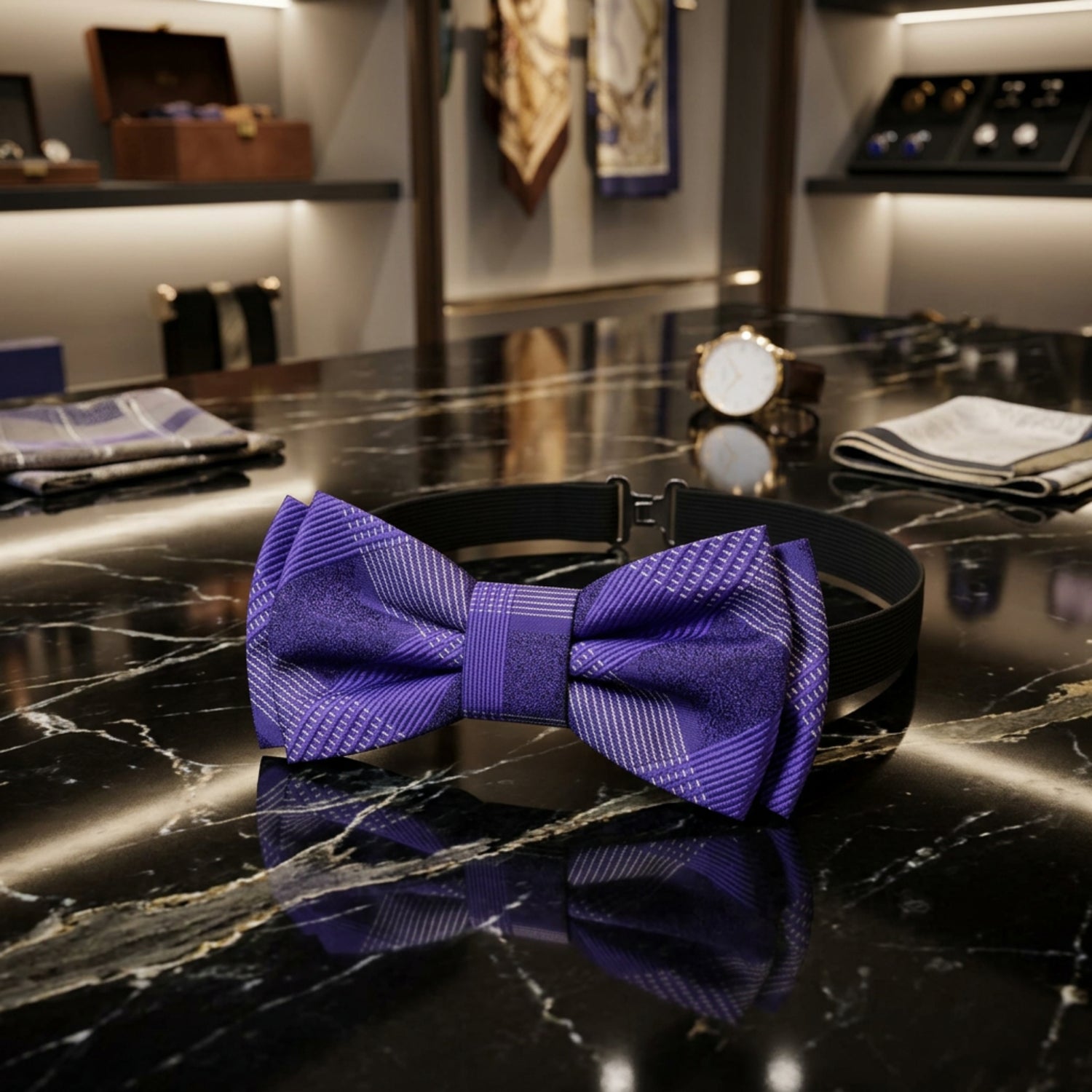 purple plaid bow tie 