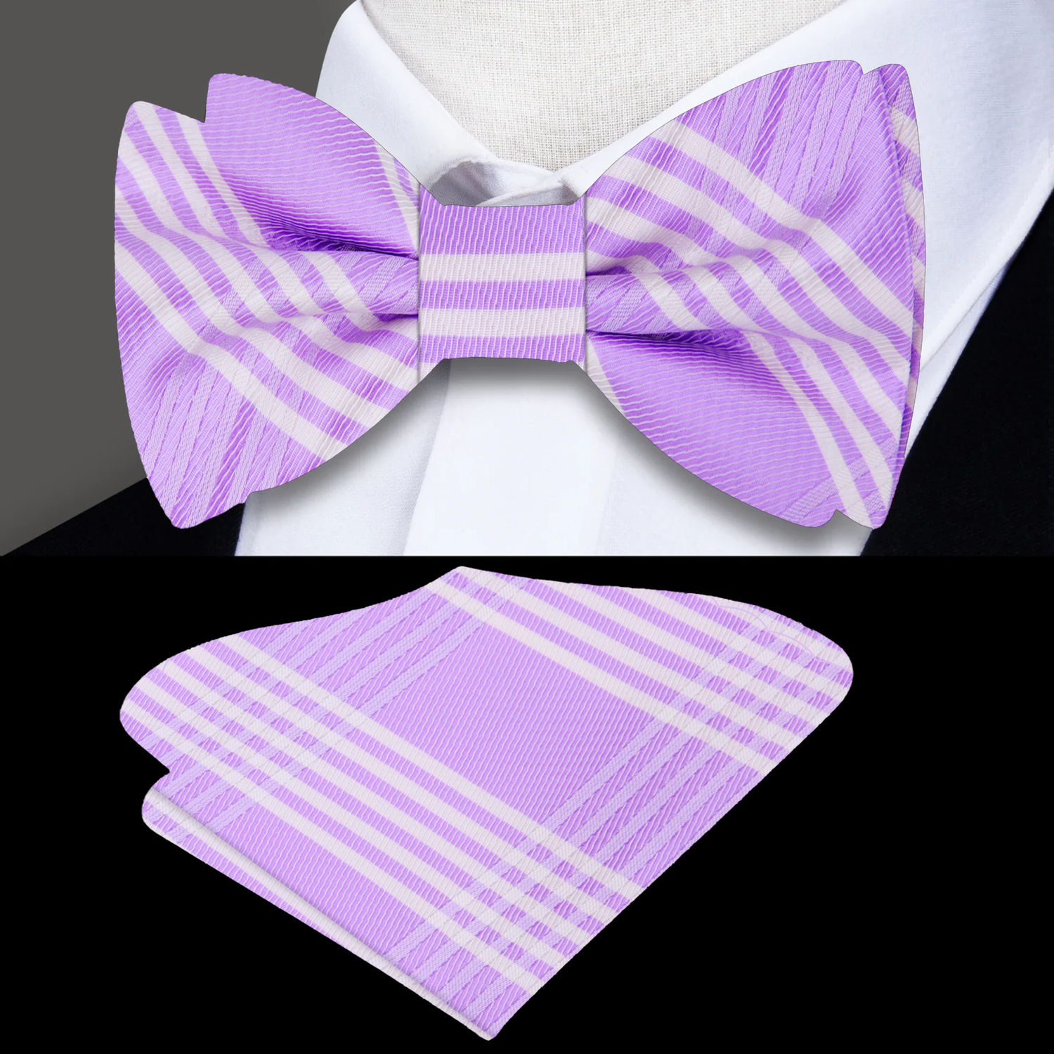 Light Purple, Ghost White Plaid Bow Tie And Pocket Square