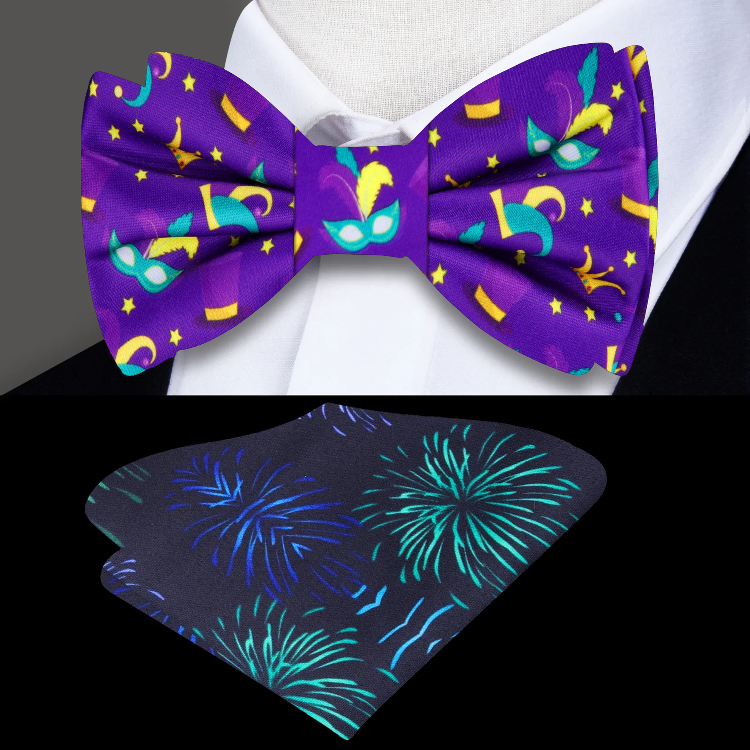 Purple Yellow Teal Mardi Gras Masks and Hats Bow Tie and Accenting Square