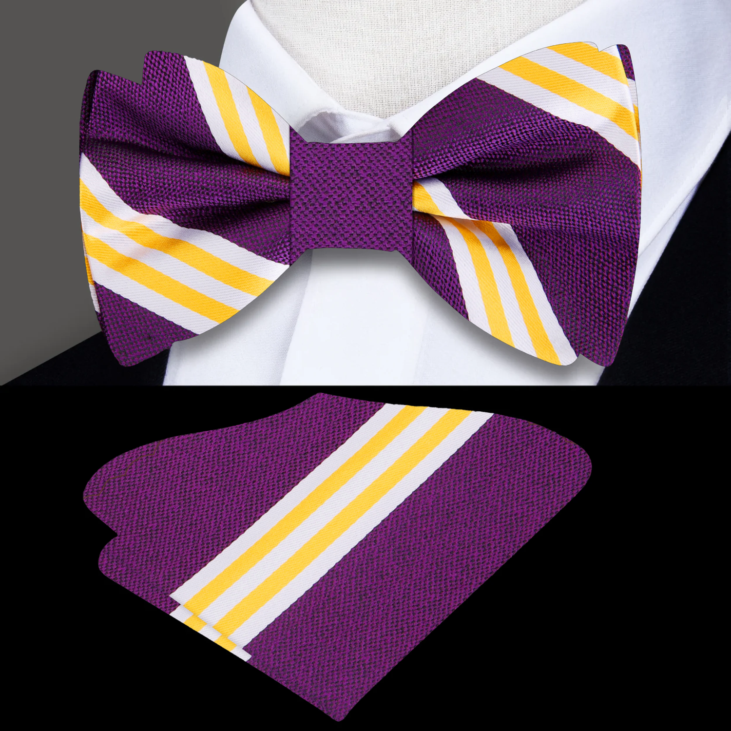 Purple Yellow White Double Play Stripe Bow Tie and Square