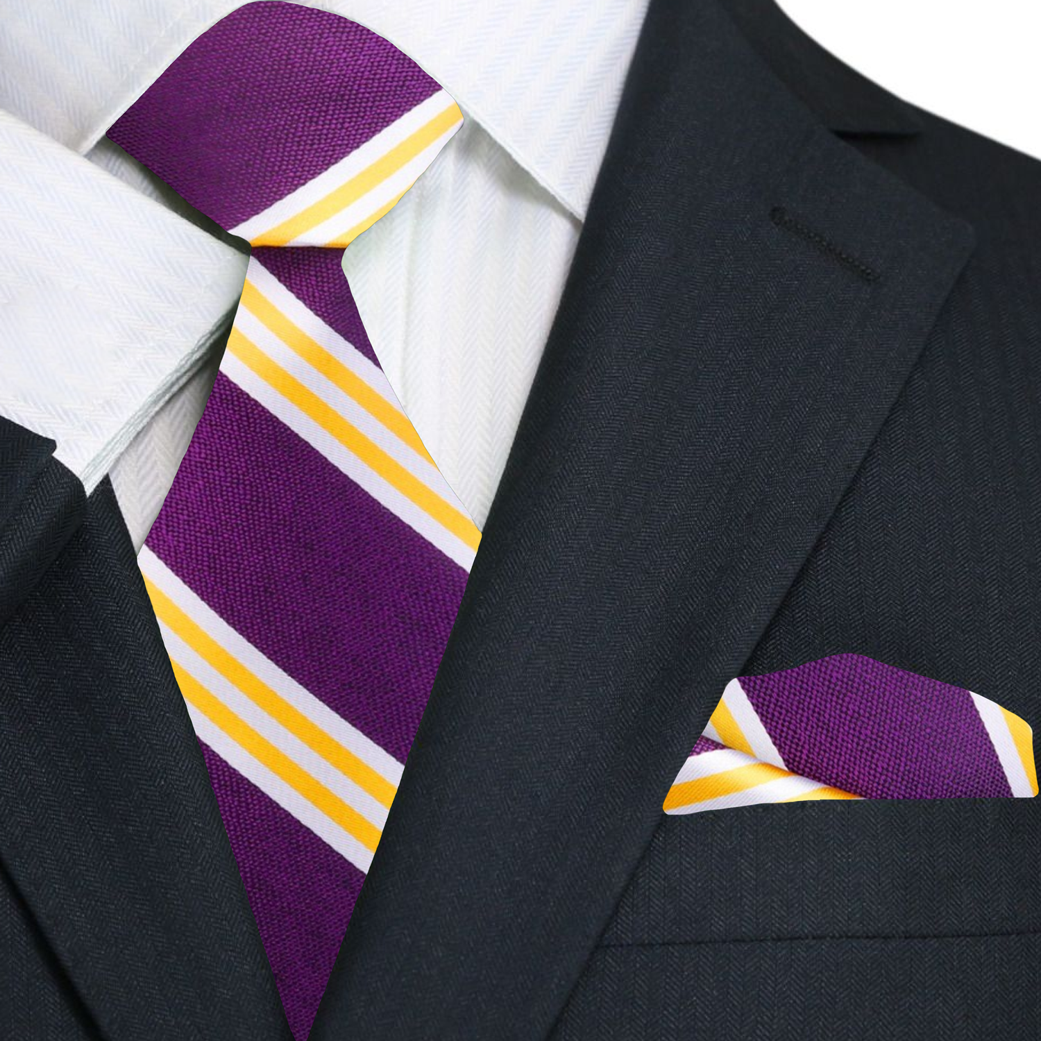 Main View: Purple, Yellow Gold Stripe Tie and Square