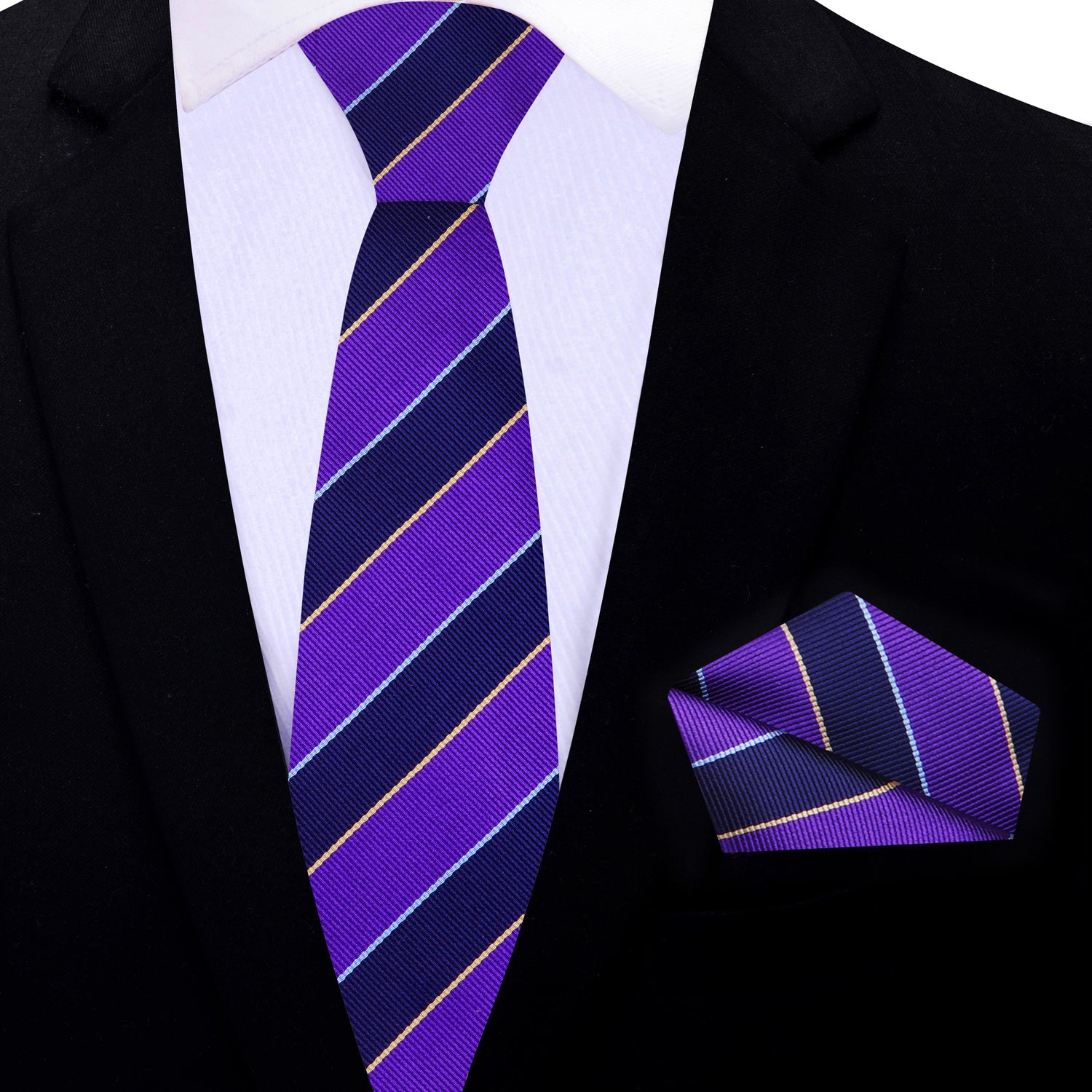 Thin Tie: Purple and Blue Block Stripe Tie and Square