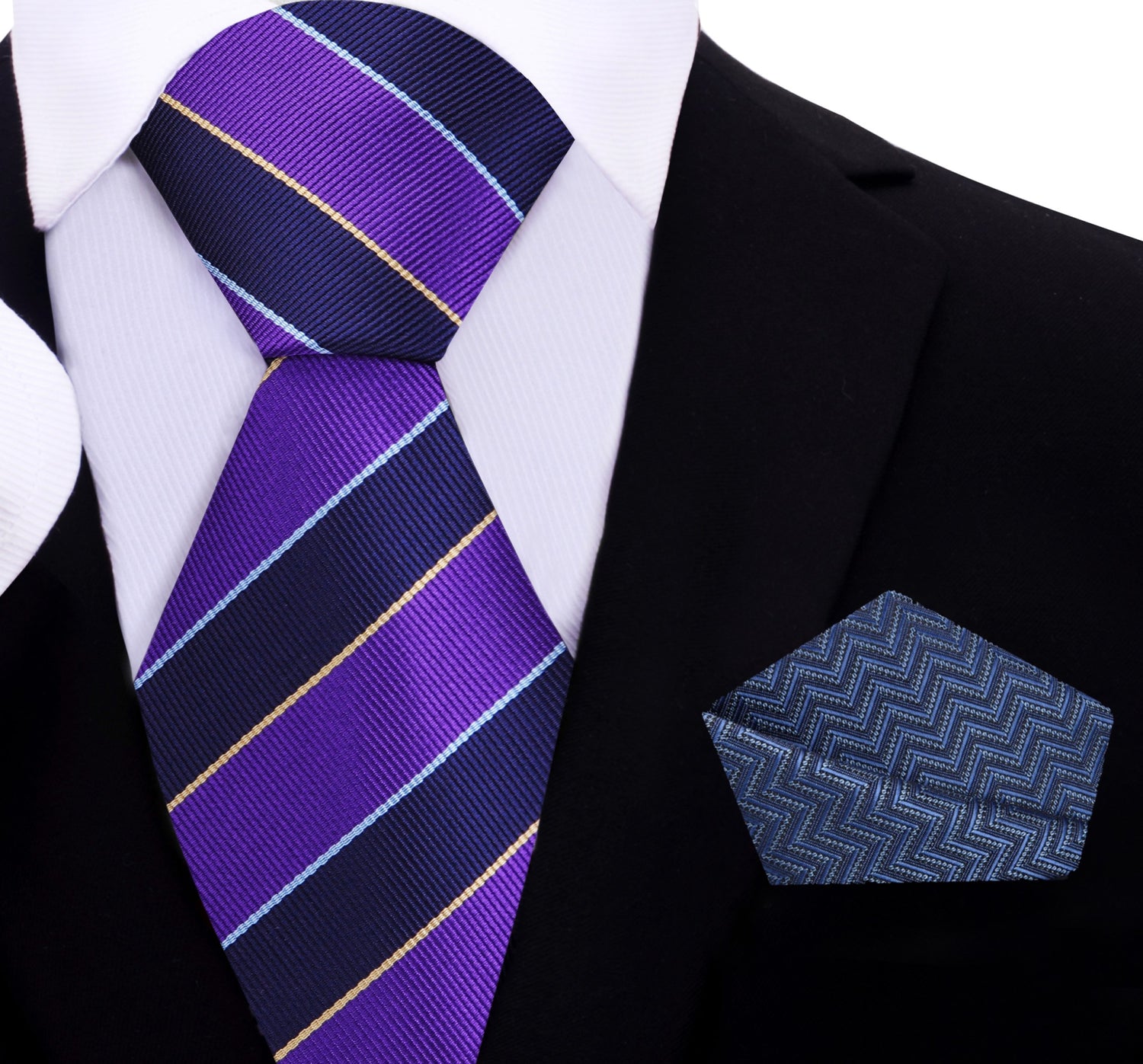Purple and Blue Block Stripe Tie and Blue Chevron Square