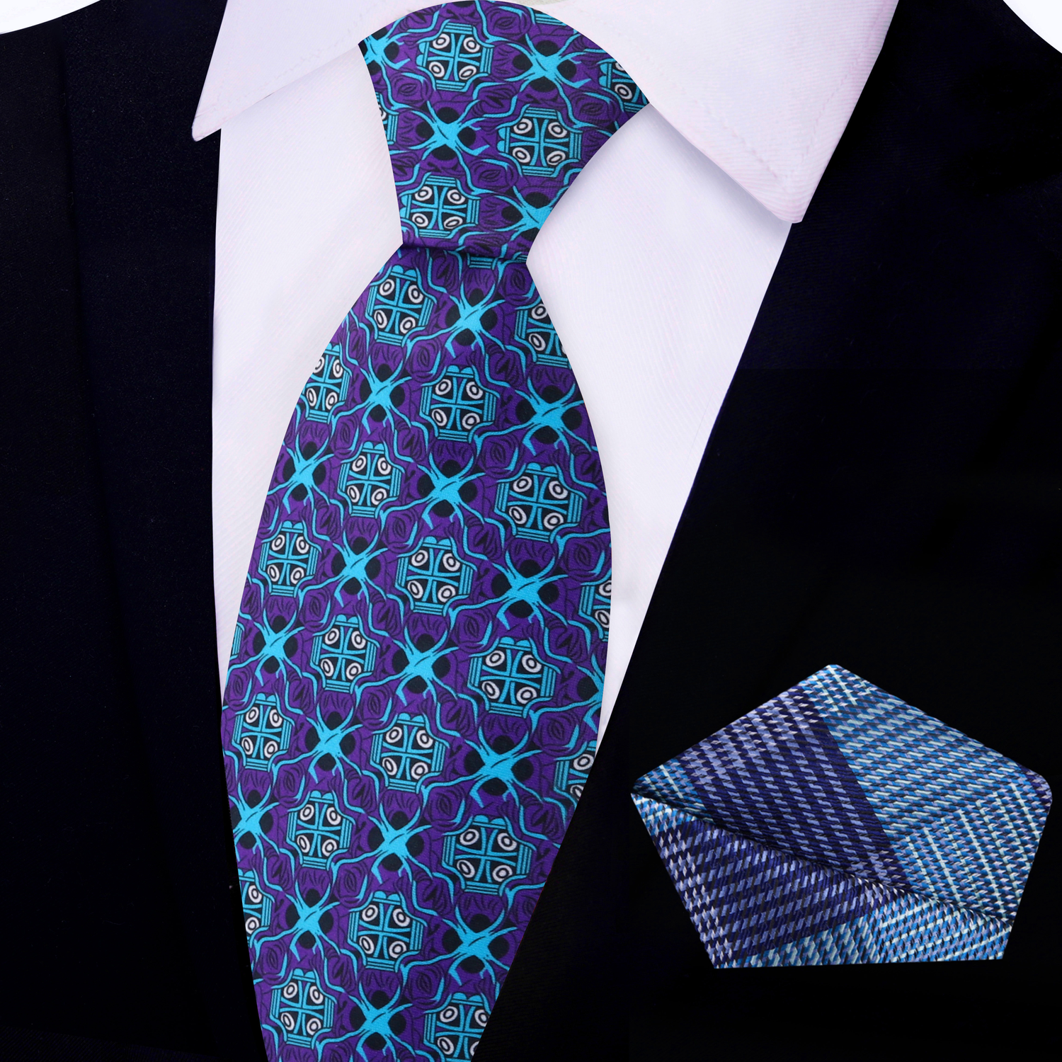 Purple and Light Blue Abstract Necktie and Blue and Purple Plaid Pocket Square