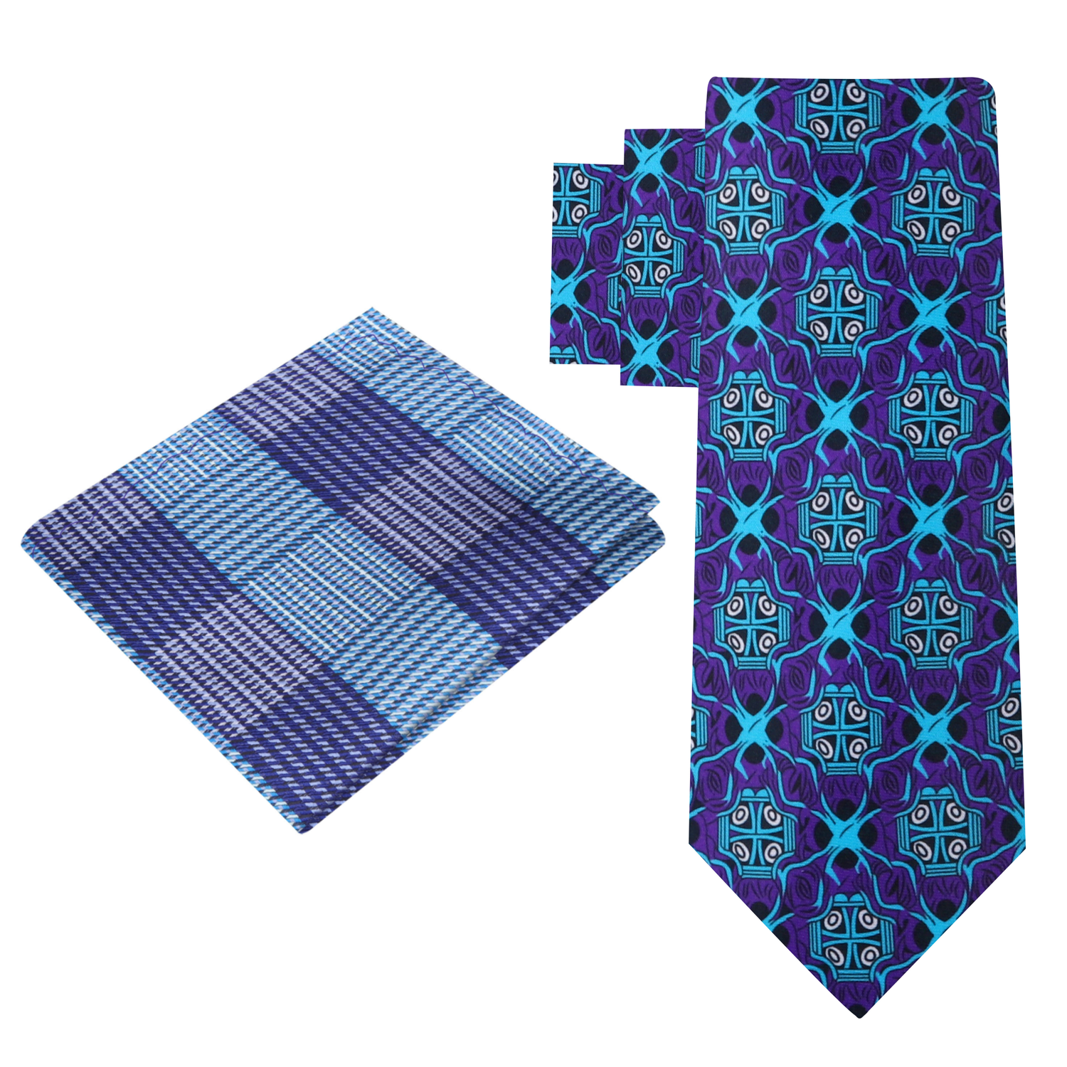 Alt View: Purple and Light Blue Abstract Necktie and Blue and Purple Plaid Pocket Square
