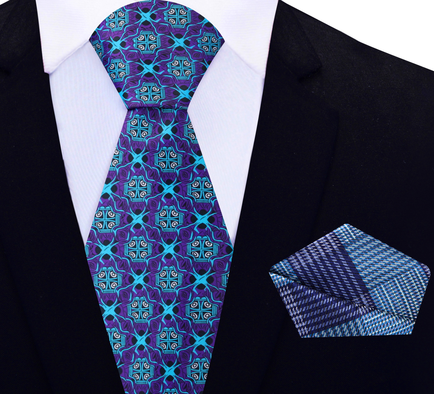 View 2: Purple and Light Blue Abstract Necktie and Blue and Purple Plaid Pocket Square