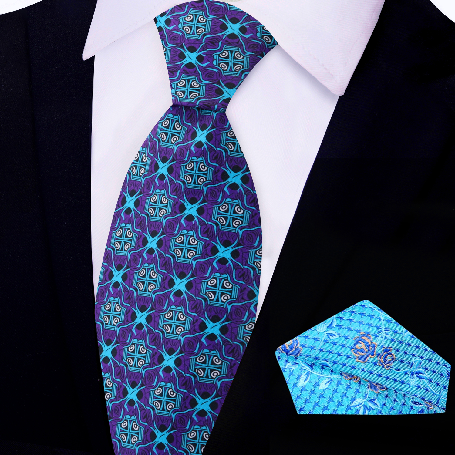 Purple and Light Blue Abstract Necktie and Light Blue Floral Pocket Square