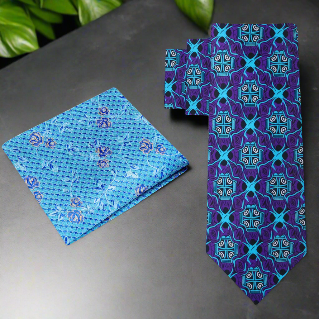 Alt View: Purple and Light Blue Abstract Necktie and Light Blue Floral Pocket Square