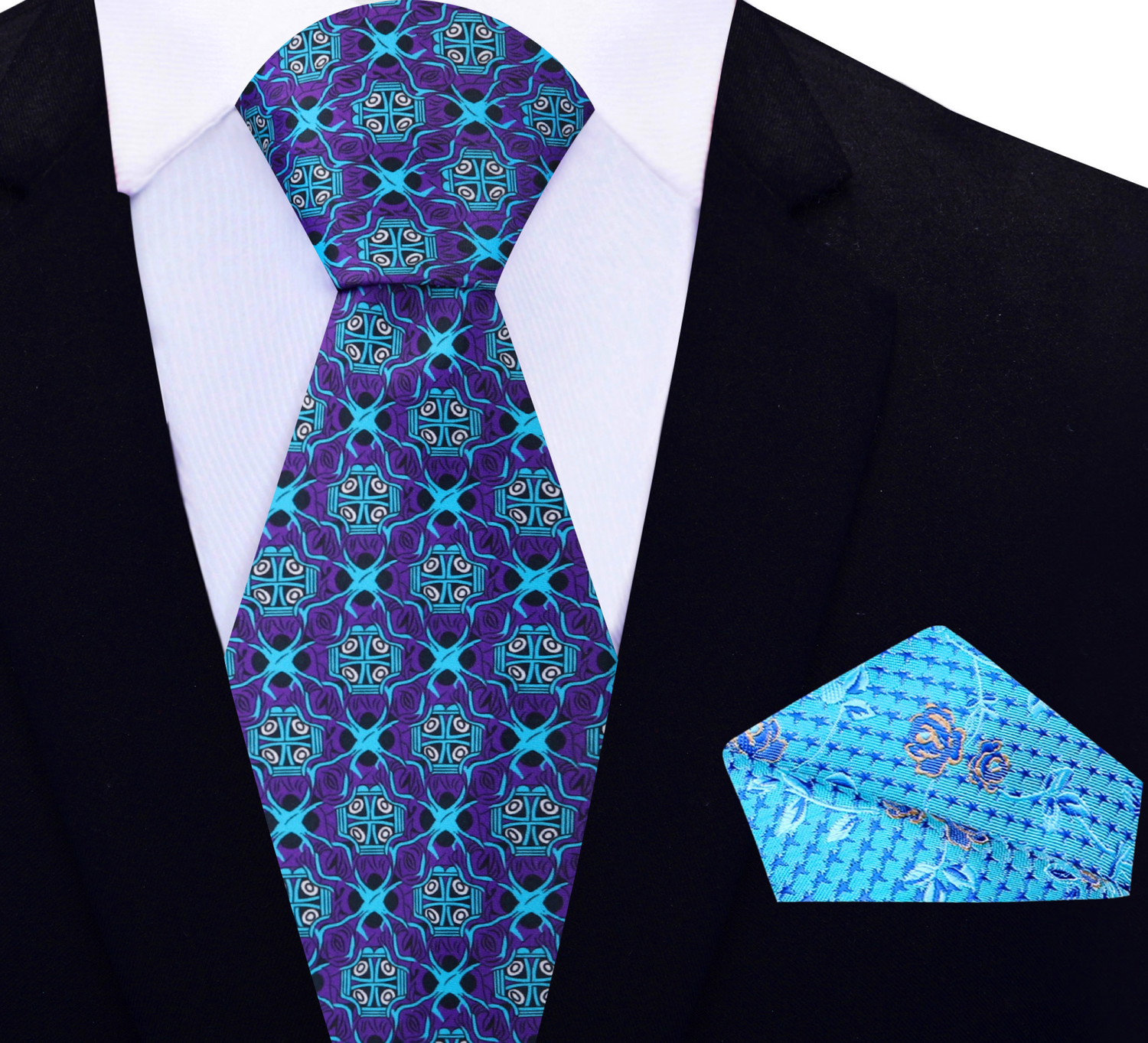 View 2: Purple and Light Blue Abstract Necktie and Light Blue Floral Pocket Square
