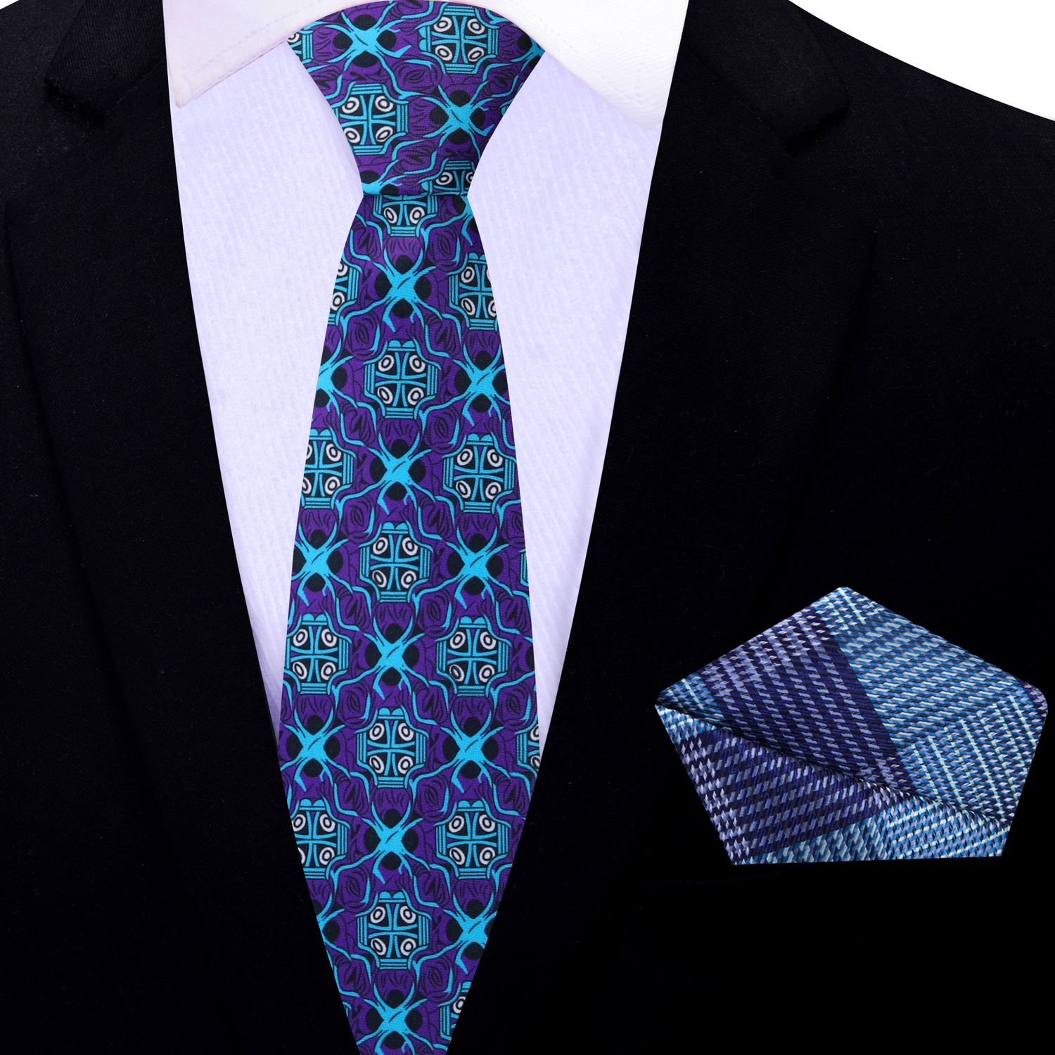 Thin Tie: Purple and Light Blue Abstract Necktie and Blue and Purple Plaid Pocket Square