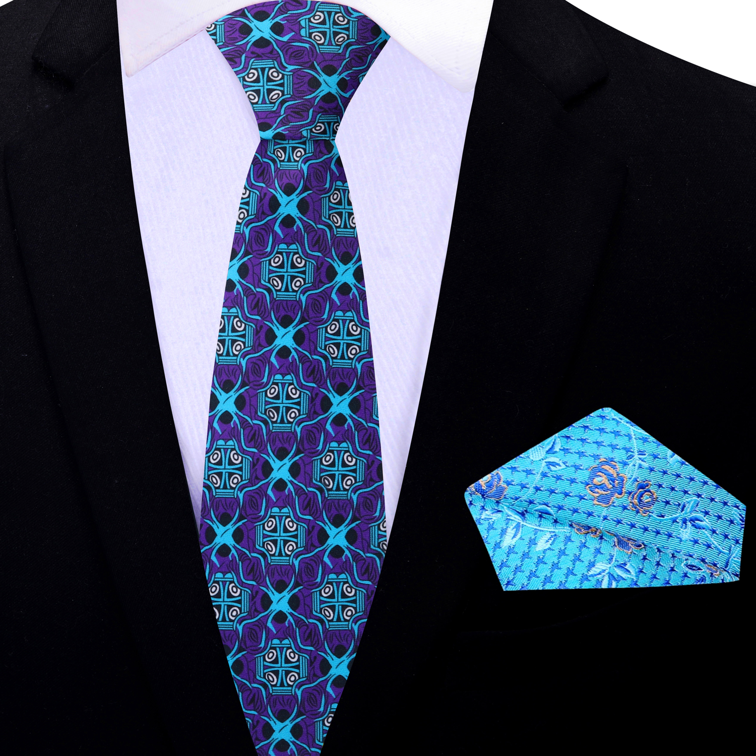 Thin Tie: Purple and Light Blue Abstract Necktie and Light Blue Floral Pocket Square
