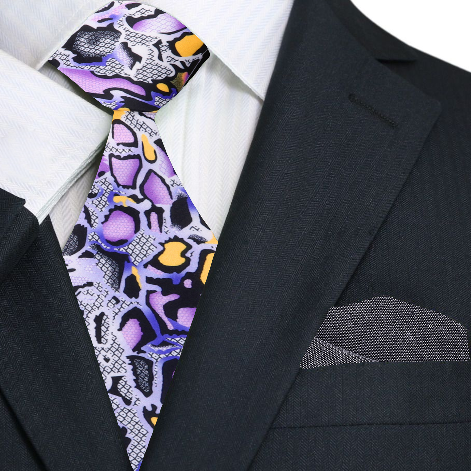 Black, Purple and Yellow Snakeskin Tie and Grey Square