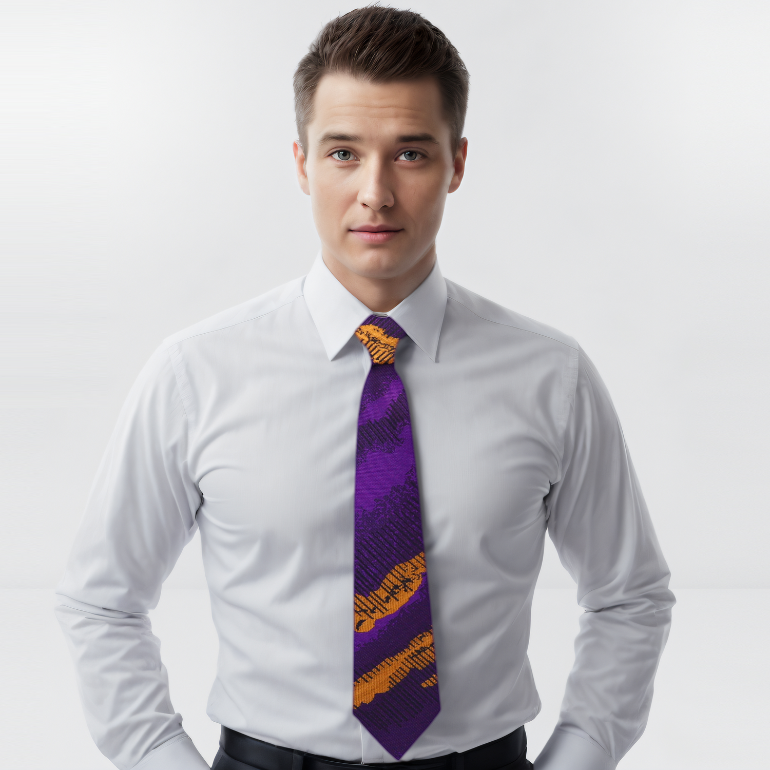Purple and Orange Gold Abstract Necktie on White Shirt