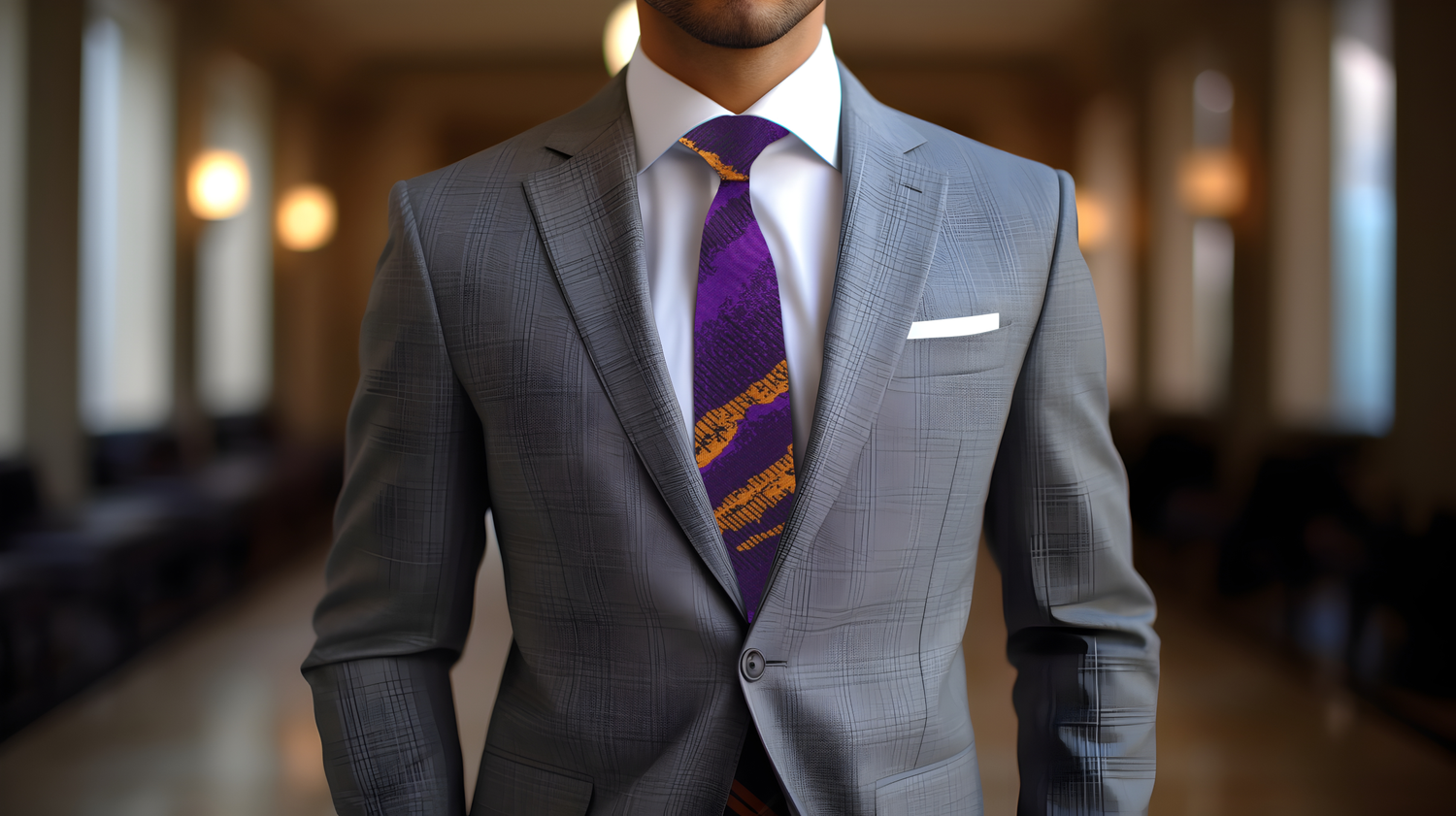 Grey Suit View: Purple and Orange Gold Abstract Necktie