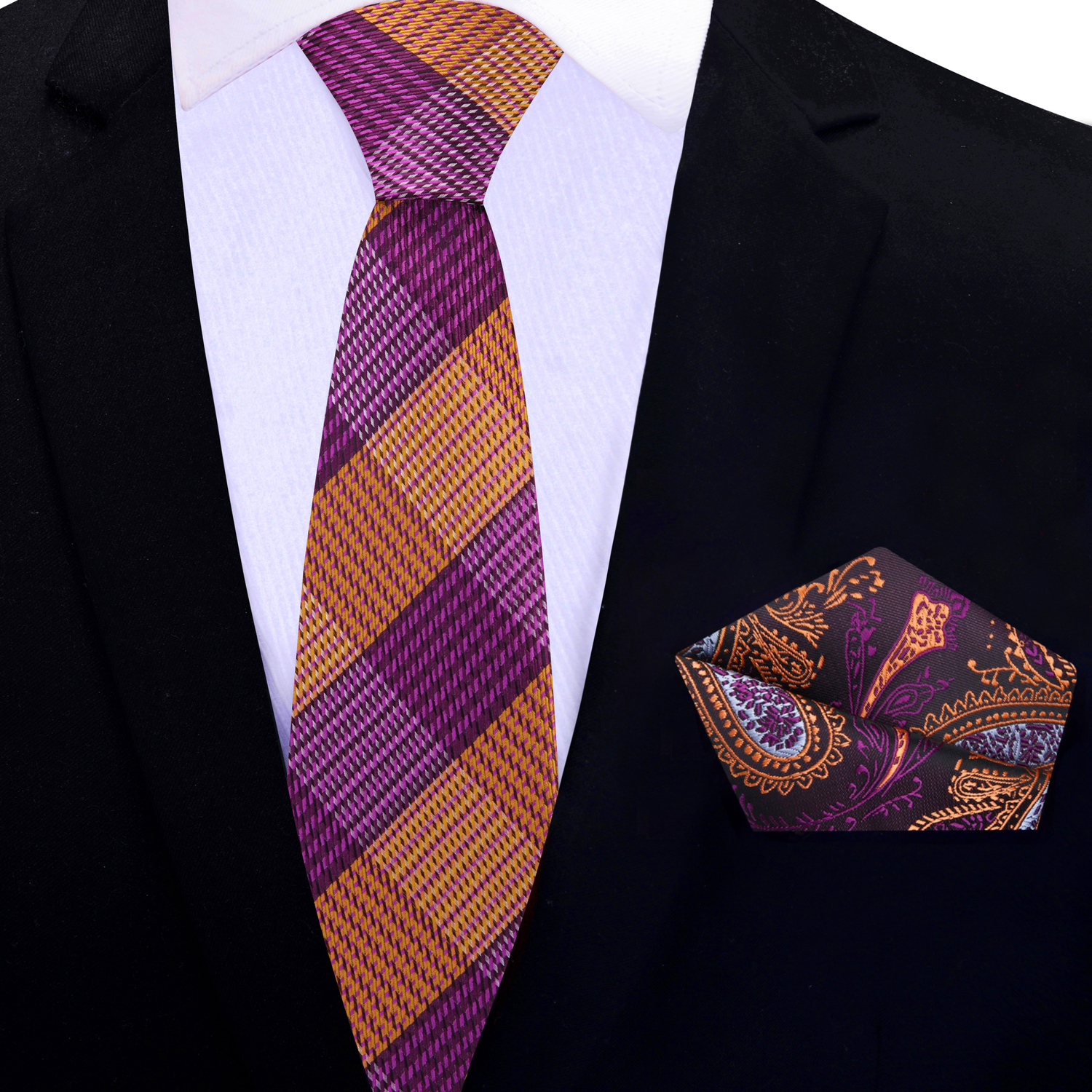 Thin Tie: Purple and Orange Plaid Necktie and Accenting Purple and Orange Paisley Pocket Square