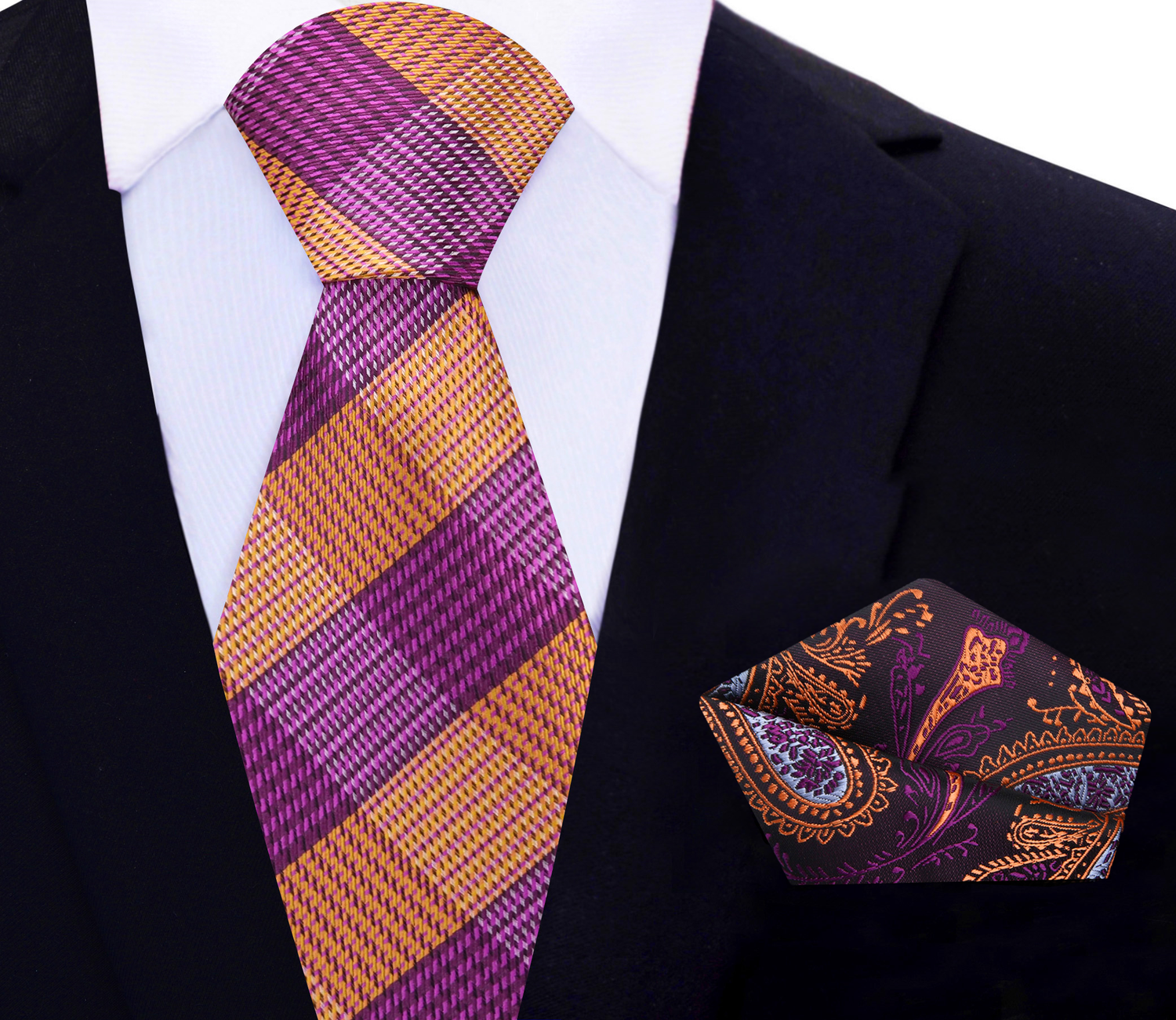 Purple and Orange Plaid Necktie and Accenting Purple and Orange Paisley Pocket Square