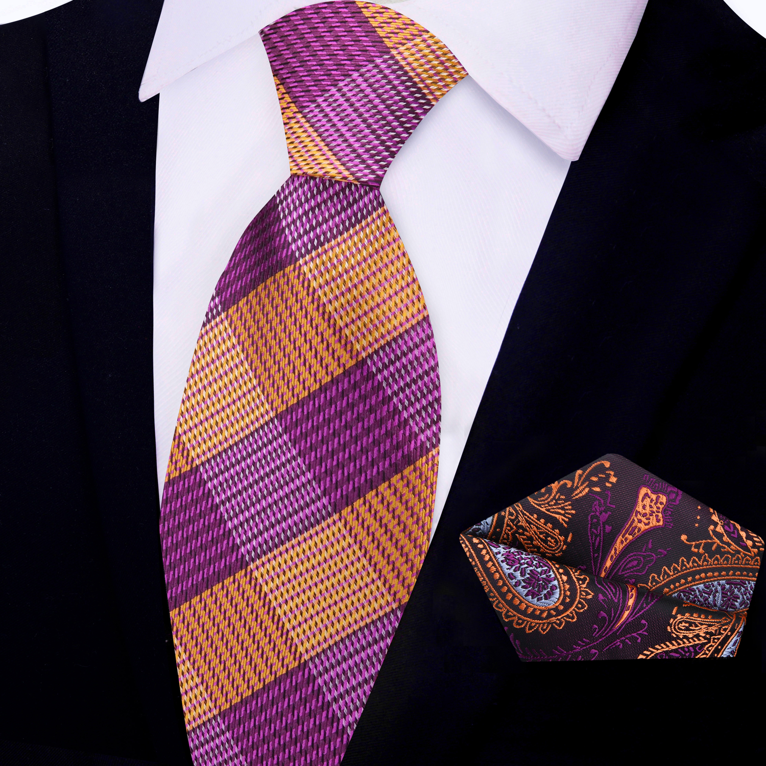 View 2: Purple and Orange Plaid Necktie and Accenting Purple and Orange Paisley Pocket Square
