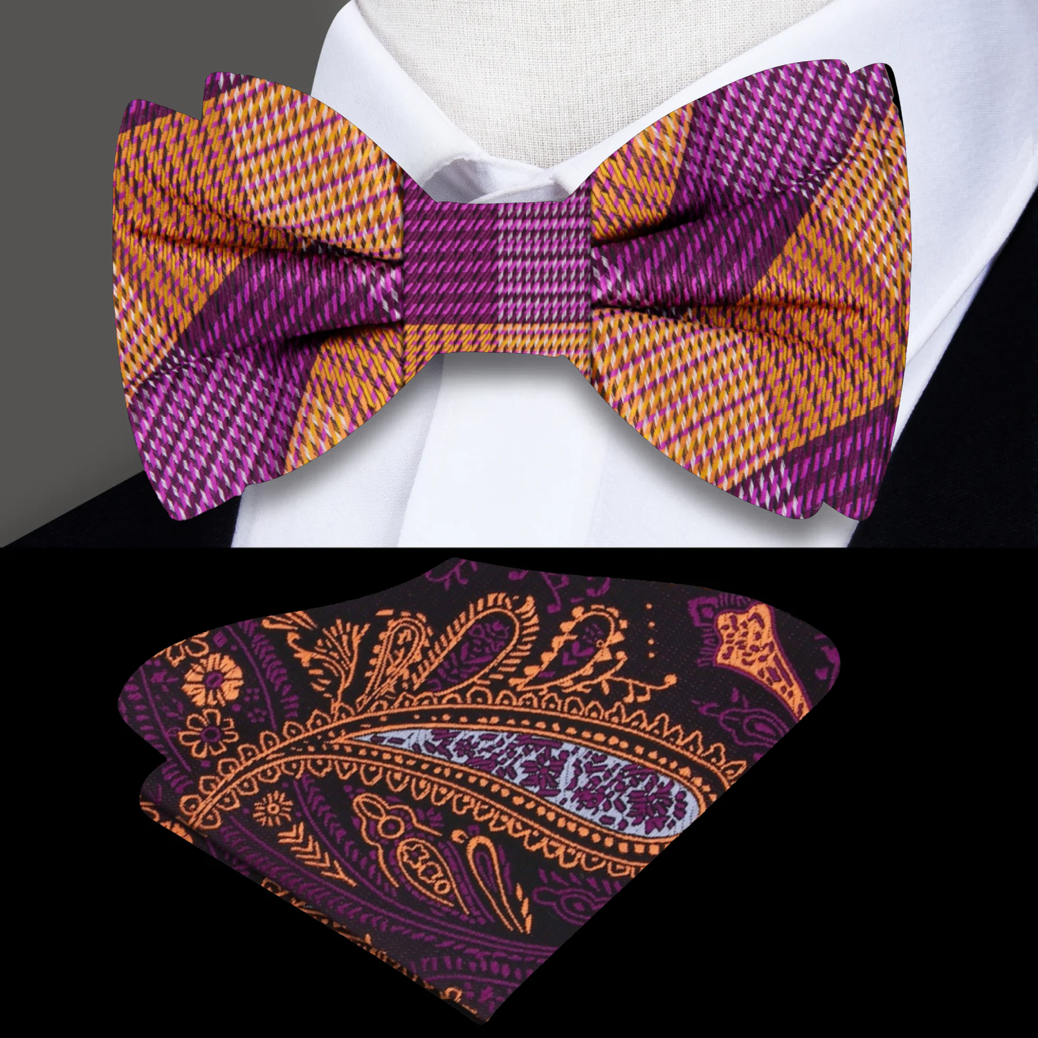 Purple and orange plaid bow tie and accenting paisley square