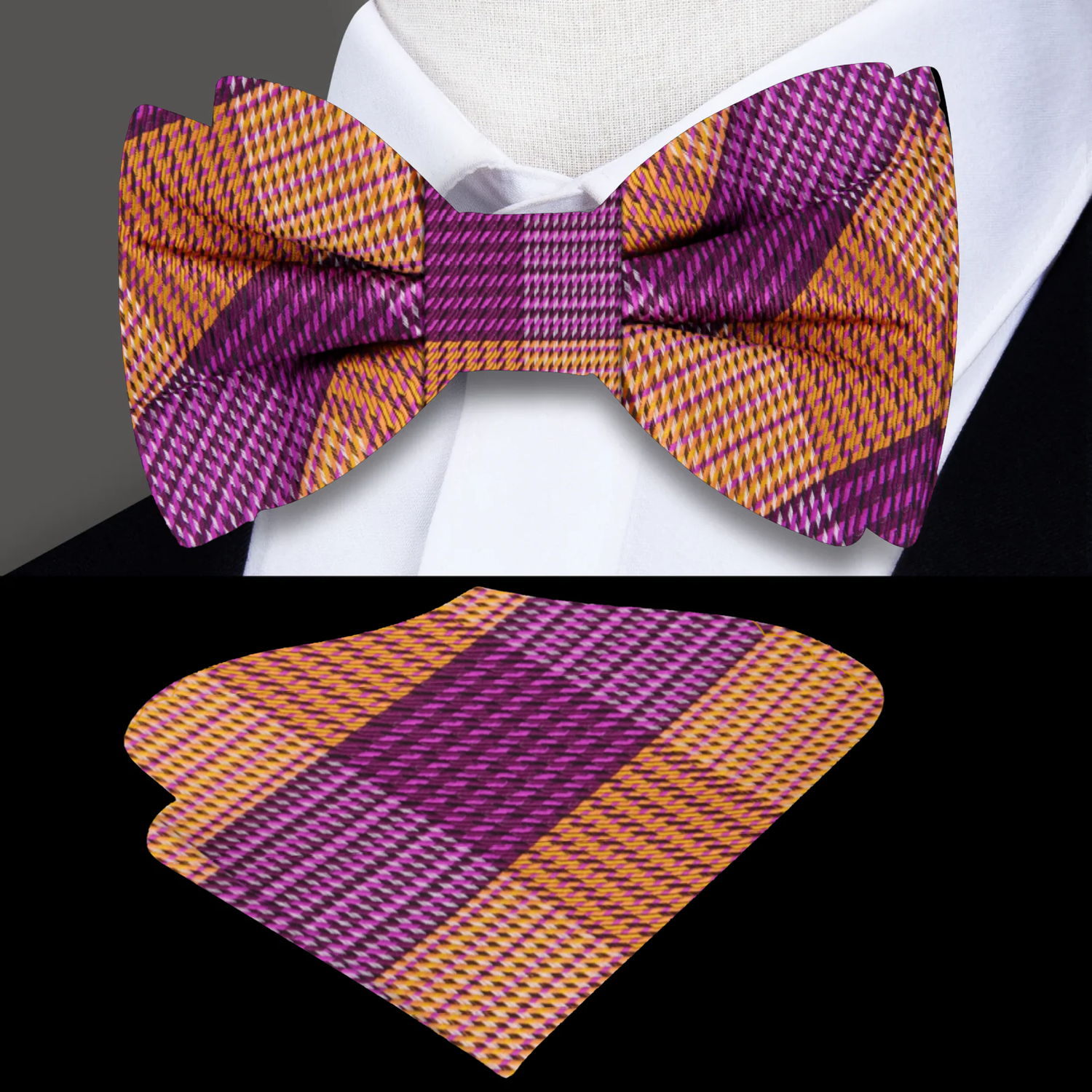 Purple and orange plaid bow tie and square