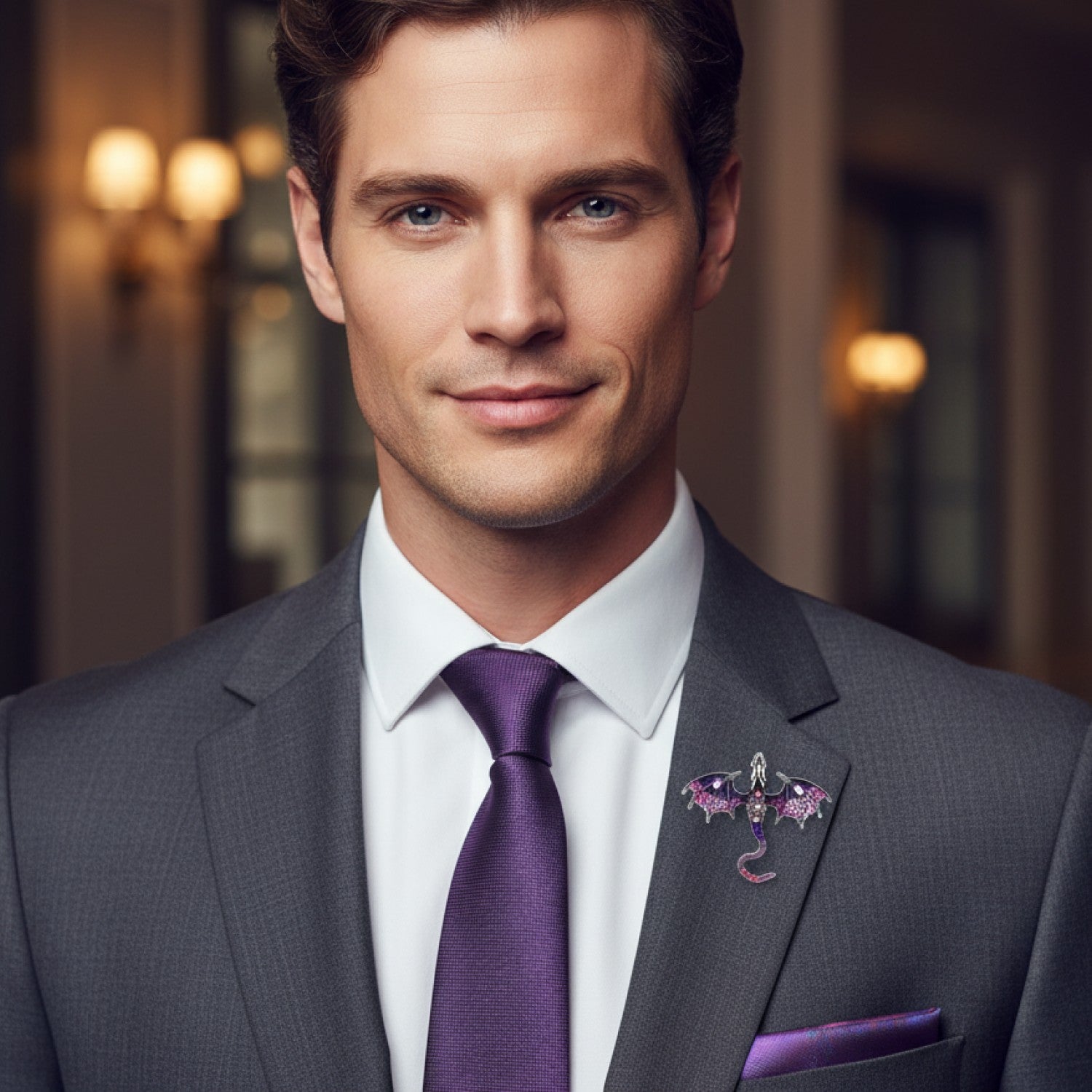Man wearing a gray suit with a purple tie and pocket square, standing in an indoor setting.