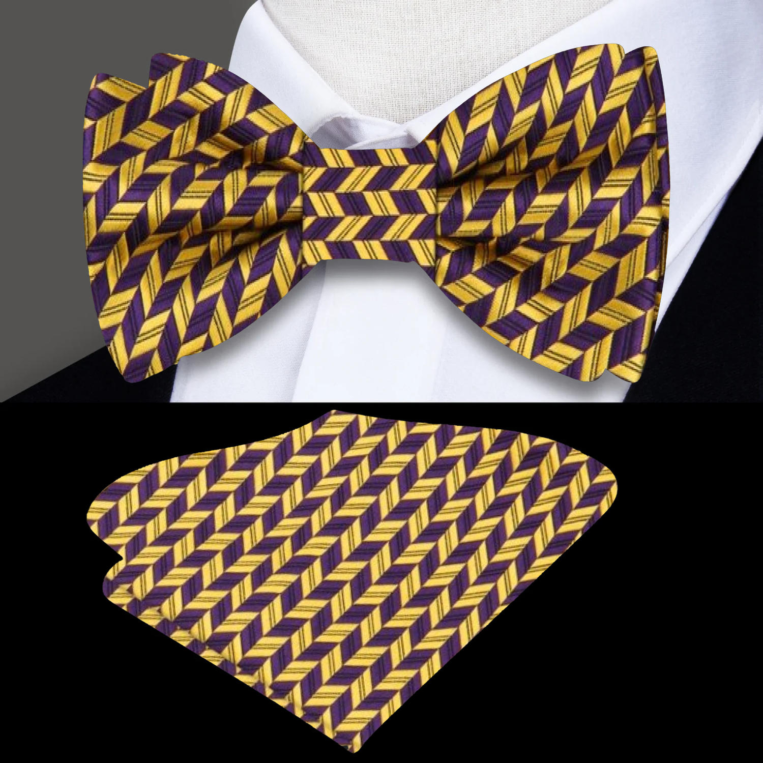 Gold and Purple Geometric Bow Tie and Pocket Square