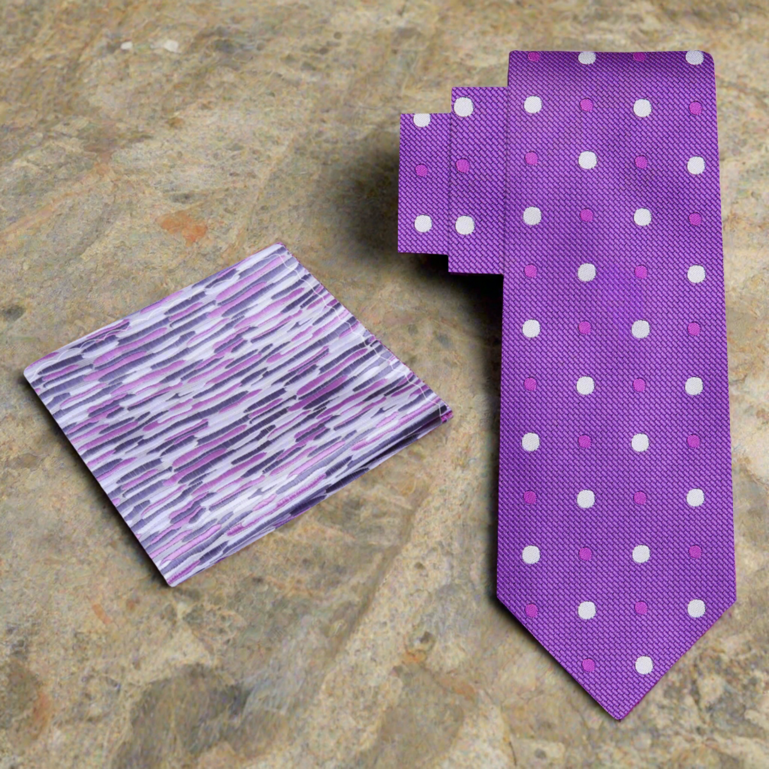 Alt Purple white Majesty Polka Necktie and Accenting Square