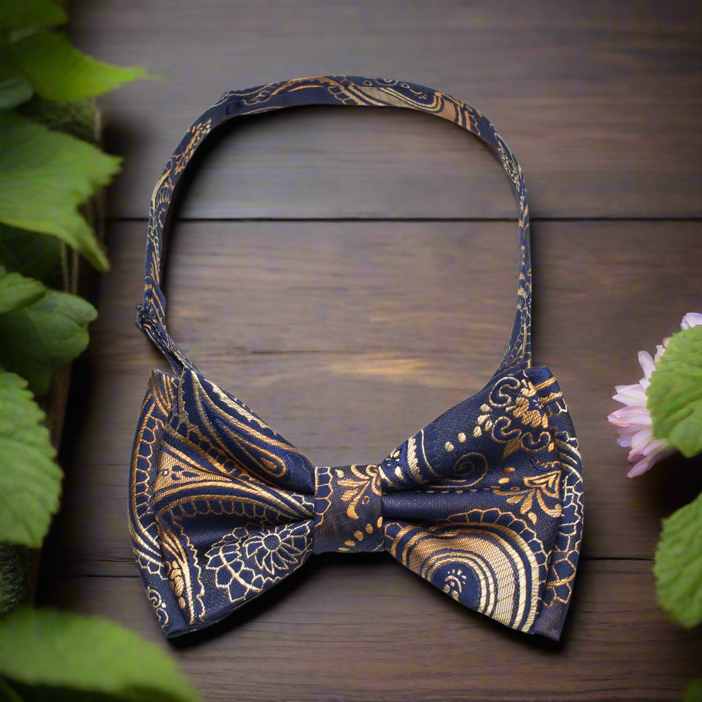 Dark Blue, Gold Paisley Pre Tied Bow Tie