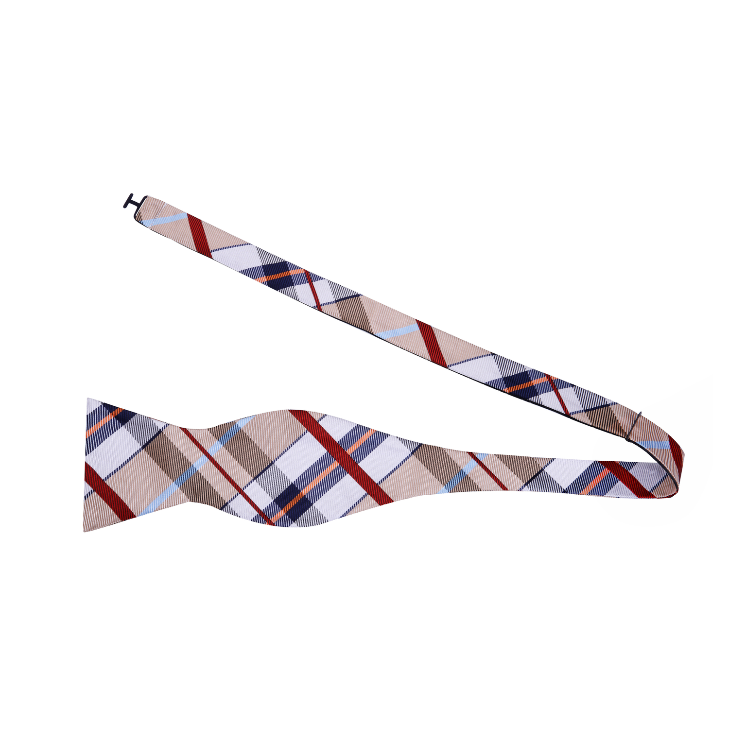A Cream, White, Blue, Red Plaid Pattern Silk Self Tie Bow Tie view 2