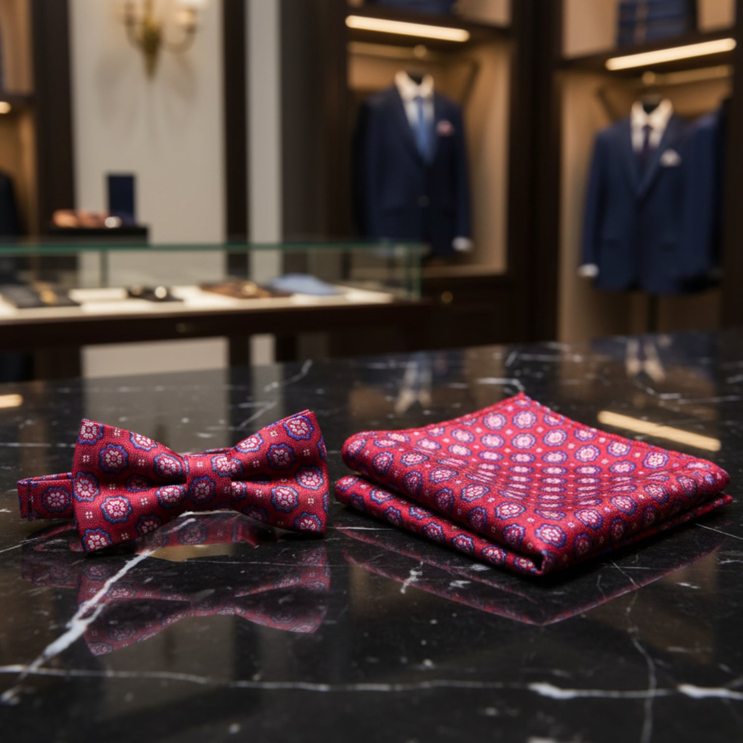 A matching men's accessory set featuring a folded pocket square and a self-tie bow tie, both made from a red fabric printed with a detailed geometric medallion pattern in blue and white.