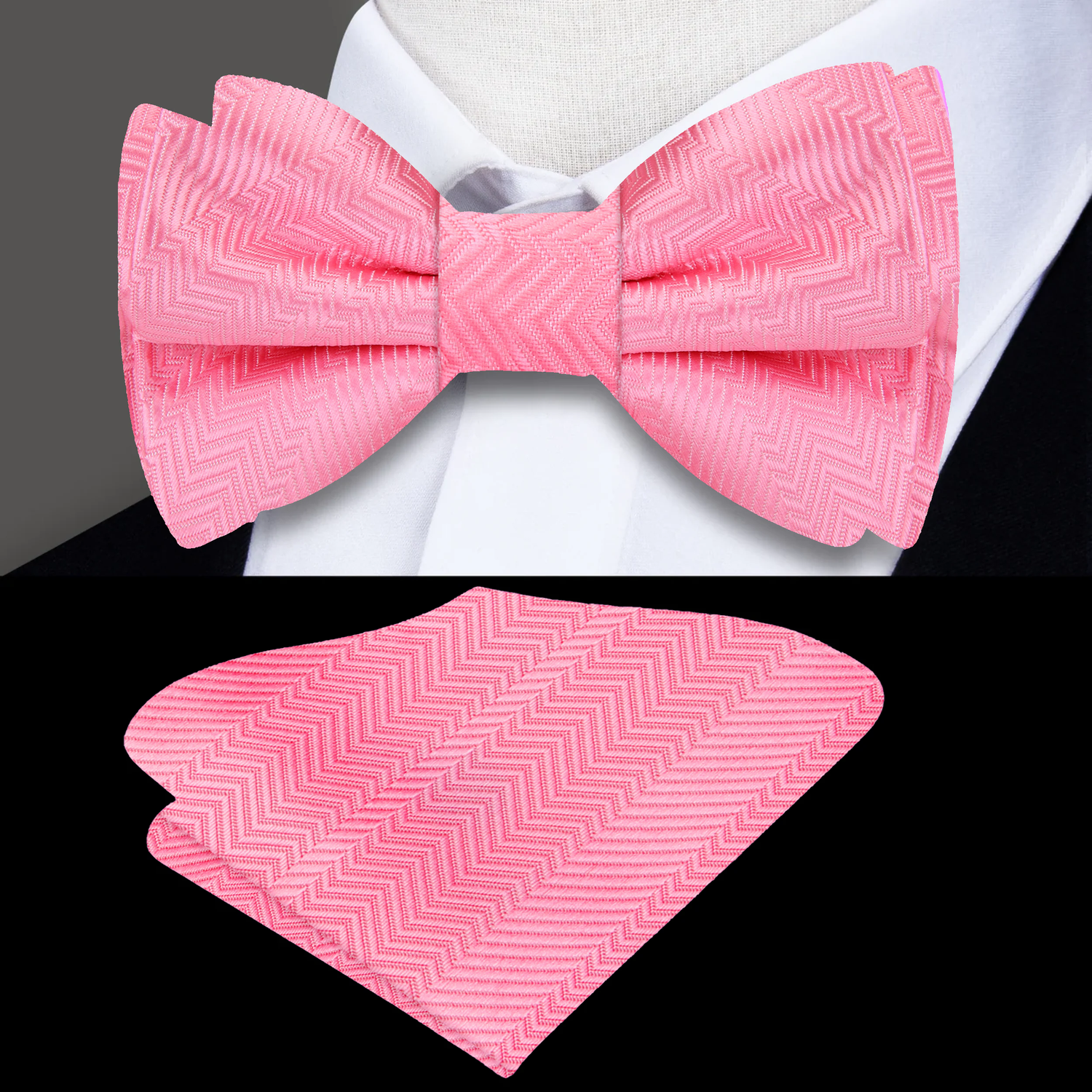 Main View: A Light Pink Solid Pattern Self Tie Bow Tie, Matching Pocket Square