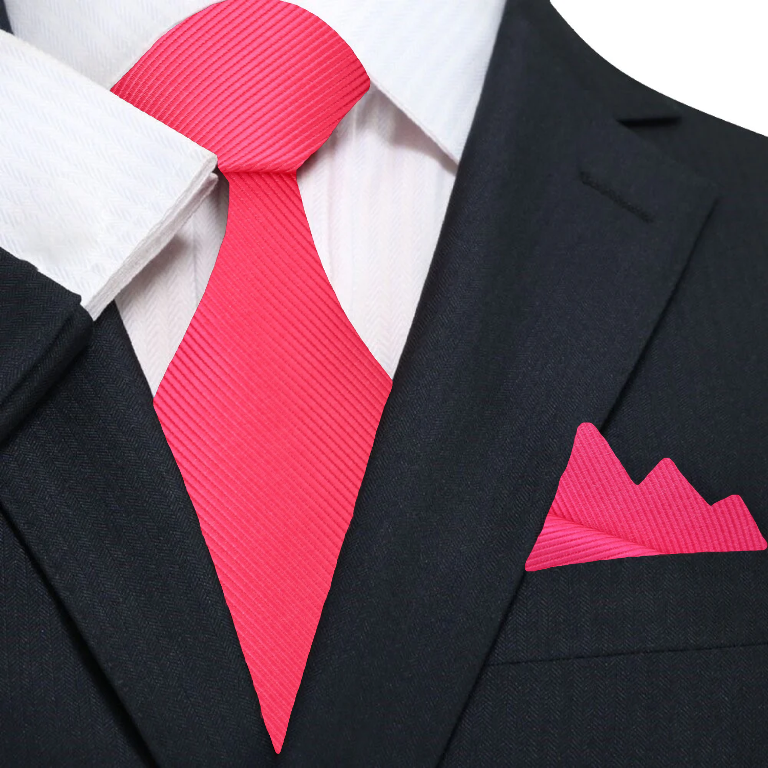 A Solid bright pink Color With Lined Texture Silk Necktie, Matching Pocket Square